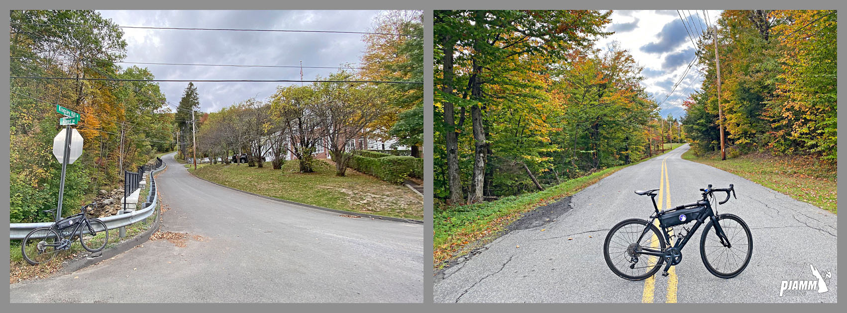 Cycling Kinsley Hill Road, Massachusetts- bike parked in center of two-lane roadway, fall foliage, intersection, PJAMM cycling logo in corner