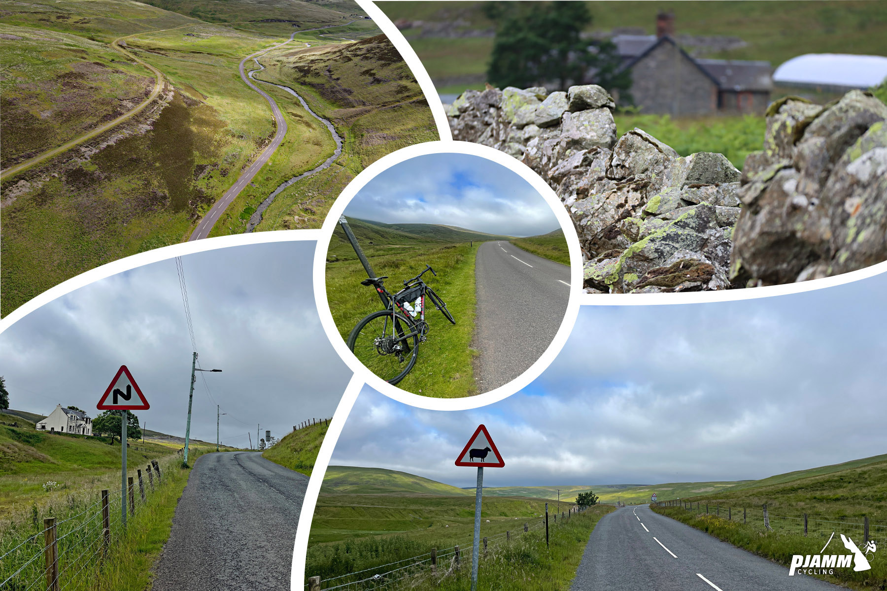 photo collage shows views along first third of climb; green hills, rock walls, and signs for cattle crossing