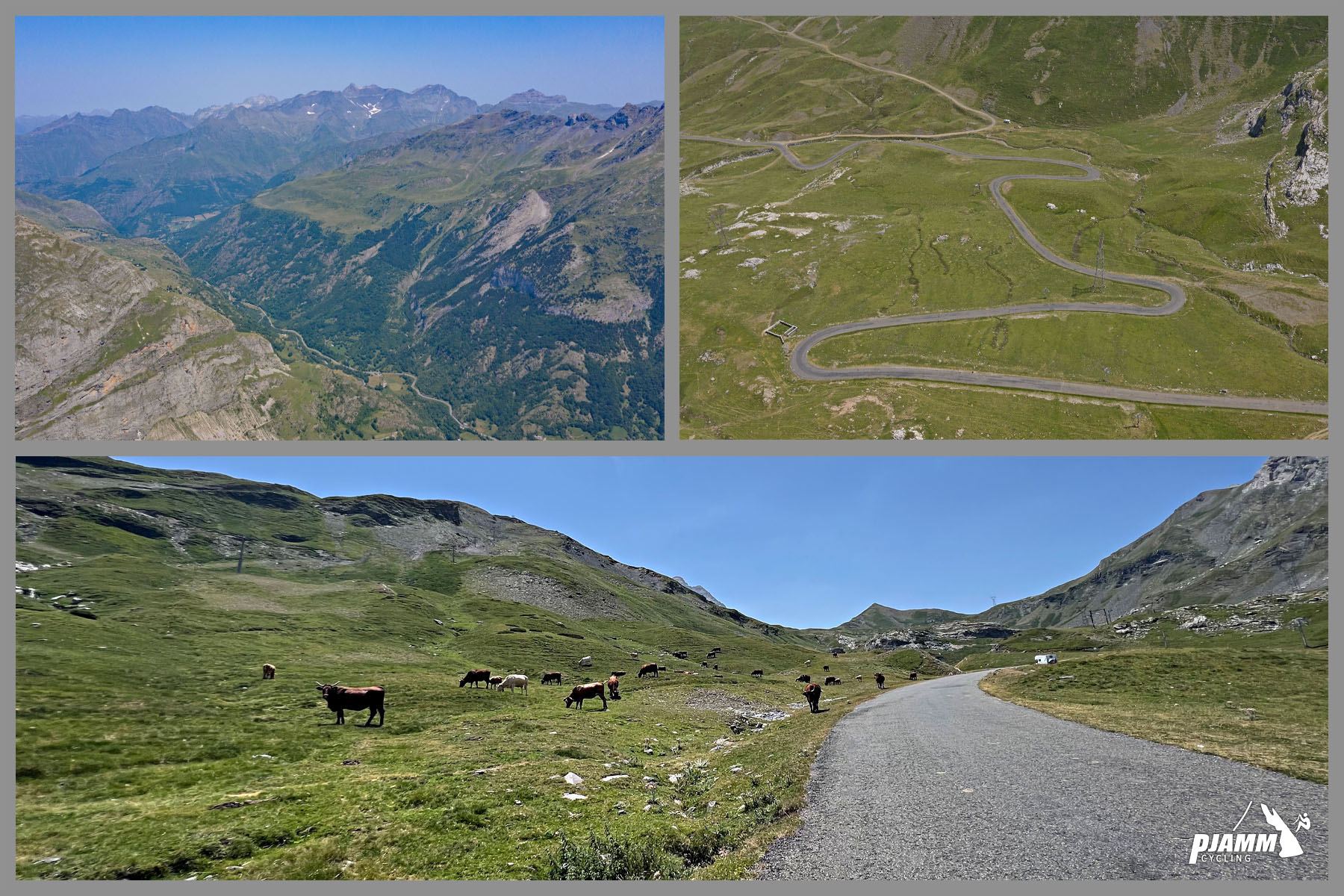 photo collage includes aerial drone view showing roadway's hairpin turns up mountainside; cattle grazing in pastureland