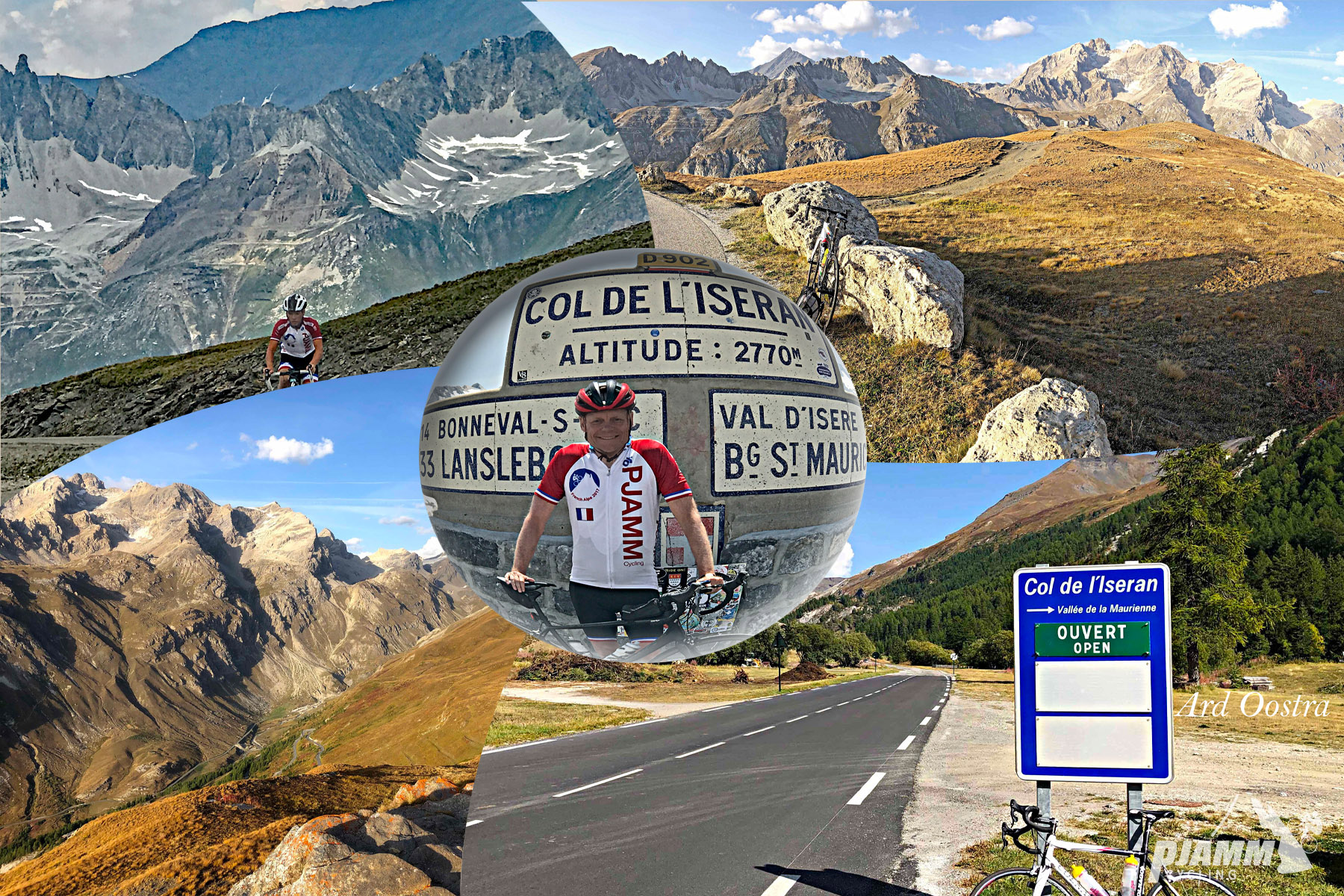 photo collage shows PJAMM Cyclist John Johnson standing with bike in front of sign for Col de L'iseran, sharp mountain peaks, bike parked next to roadsign reading Col de L'iseran