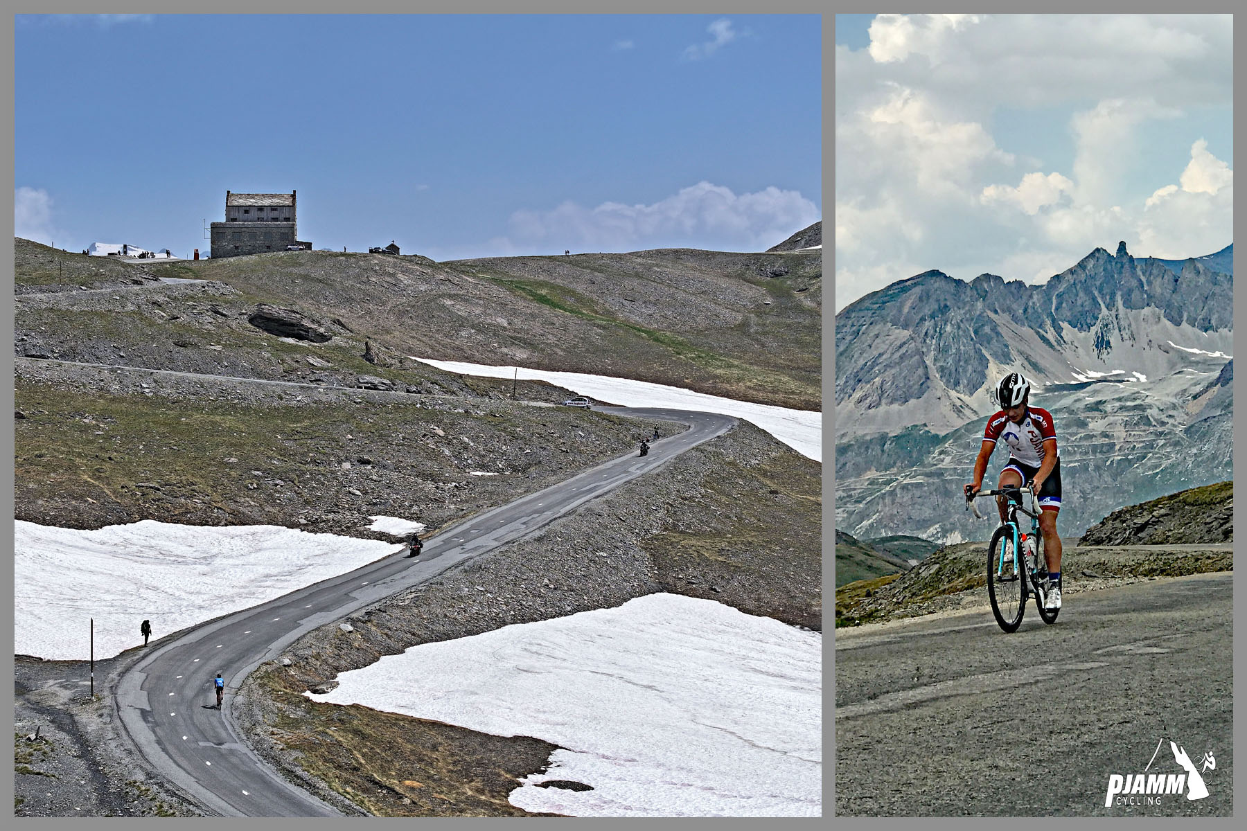 Cycling Col de L'Iseran: photo collage shows PJAMM cyclist riding final, steep kilometer of the climb; snow patches along roadway up to climb finish