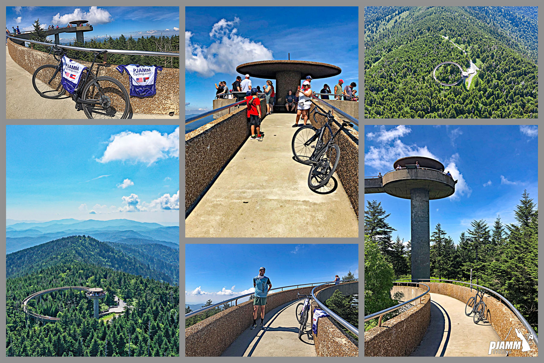 Cycling Clingmans Dome, Tennessee - photo collage, Clingmans Dome Observation Tower, PJAMM Cycling logo in corner