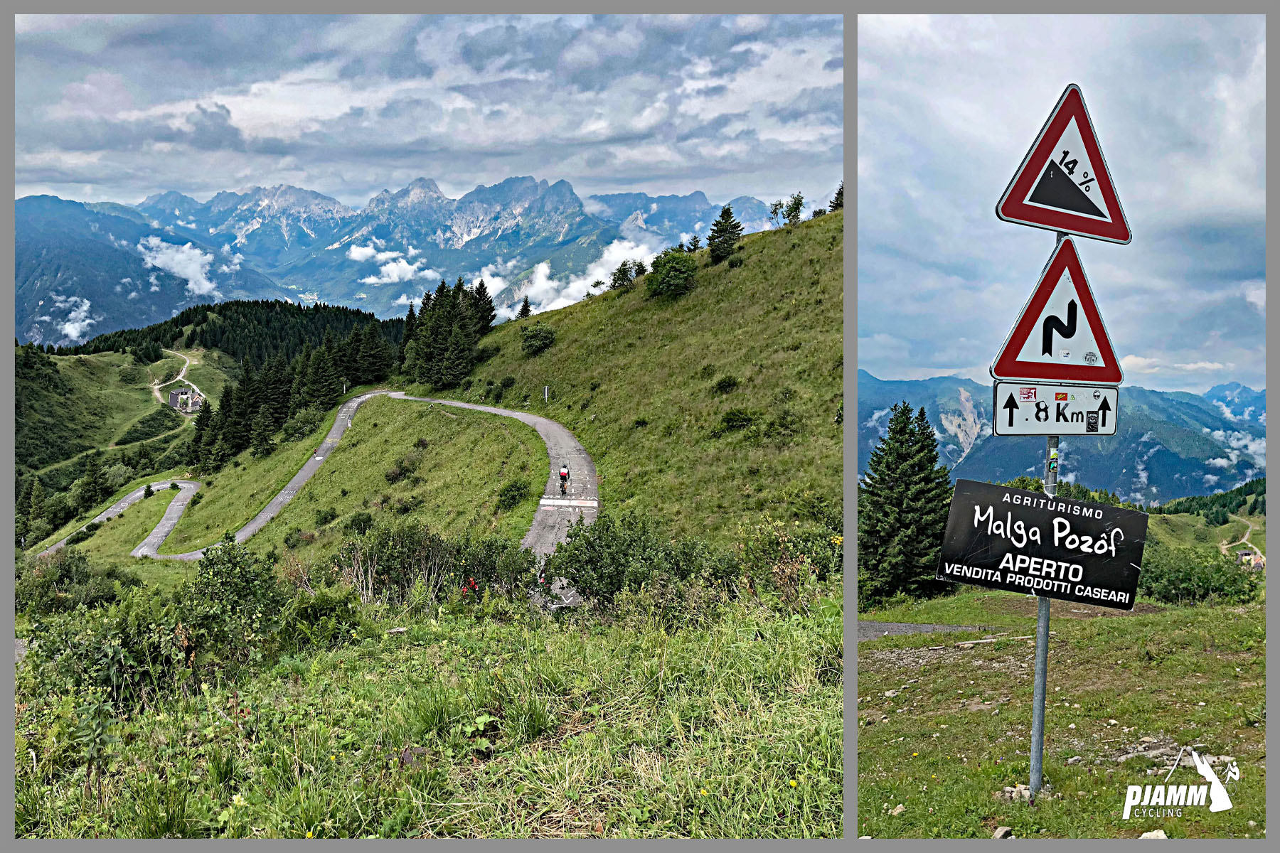 Cycling Monte Zoncolan from Sutrio - from the summit you can ride to Ovaro, view looking down hillside of road snaking up mountain, road signs warn of steep grade and hairpin turns