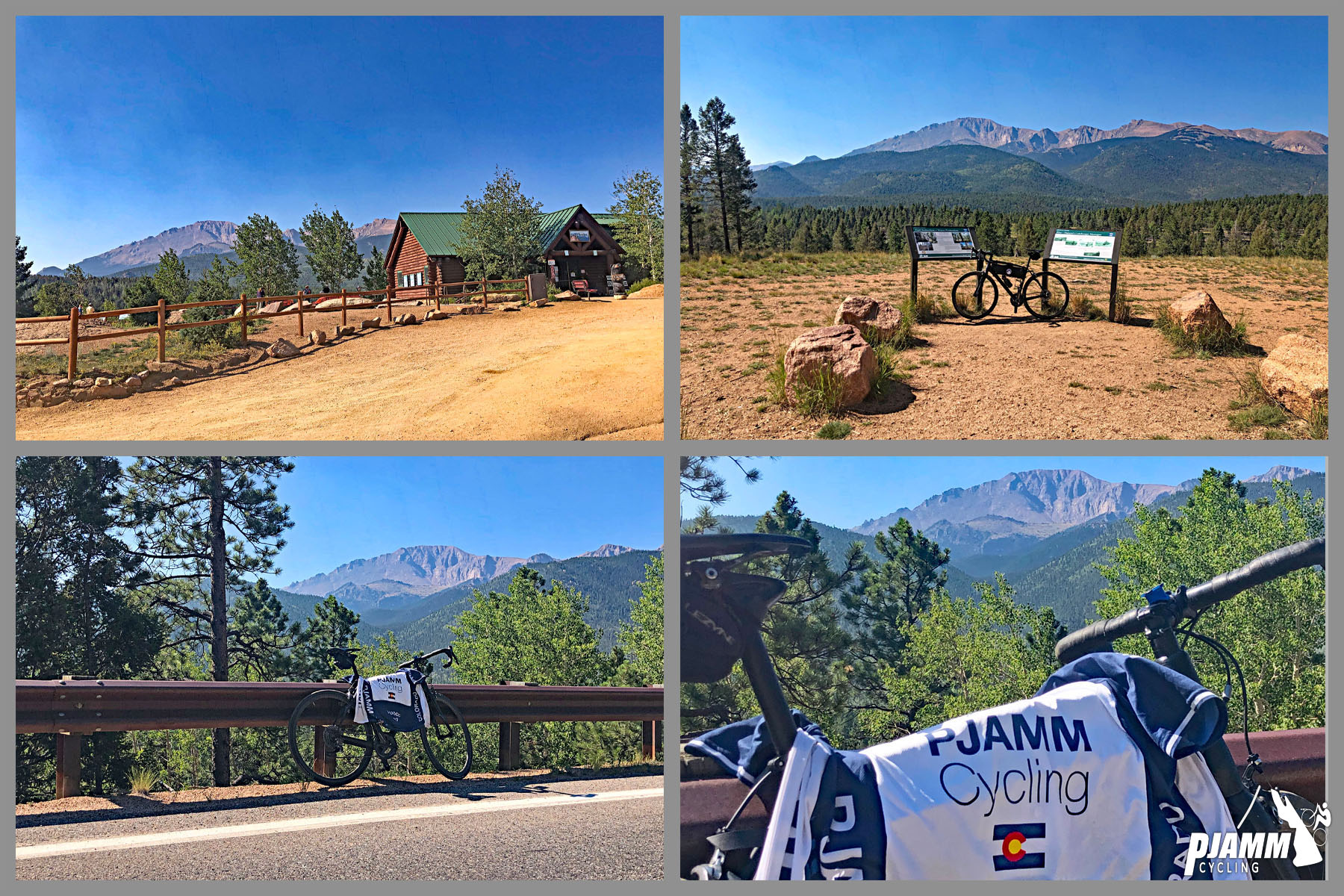 Cycling Pikes Peak - photo collage, PJAMM Cycling logo in corner, Crystal Reservoir Visitor Center, Pike's Peak seen in the distance, PJAMM Cycling jersey draped over bike leaning against guardrail on roadside overlooking Pikes Peak