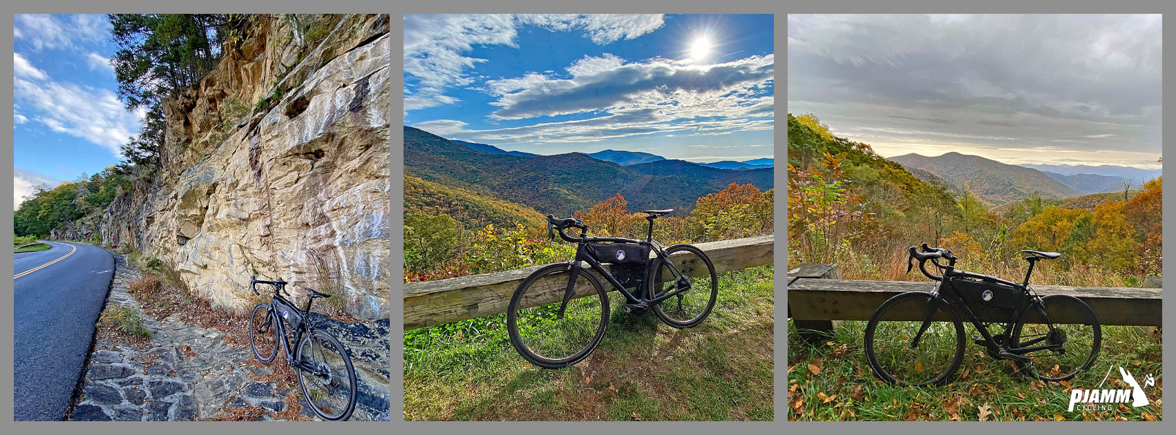 Cycling Blue Ridge Parkway to Craggy Gardens - bike parked at three different scenic overlooks along the BRP climb, PJAMM Cycling logo in corner