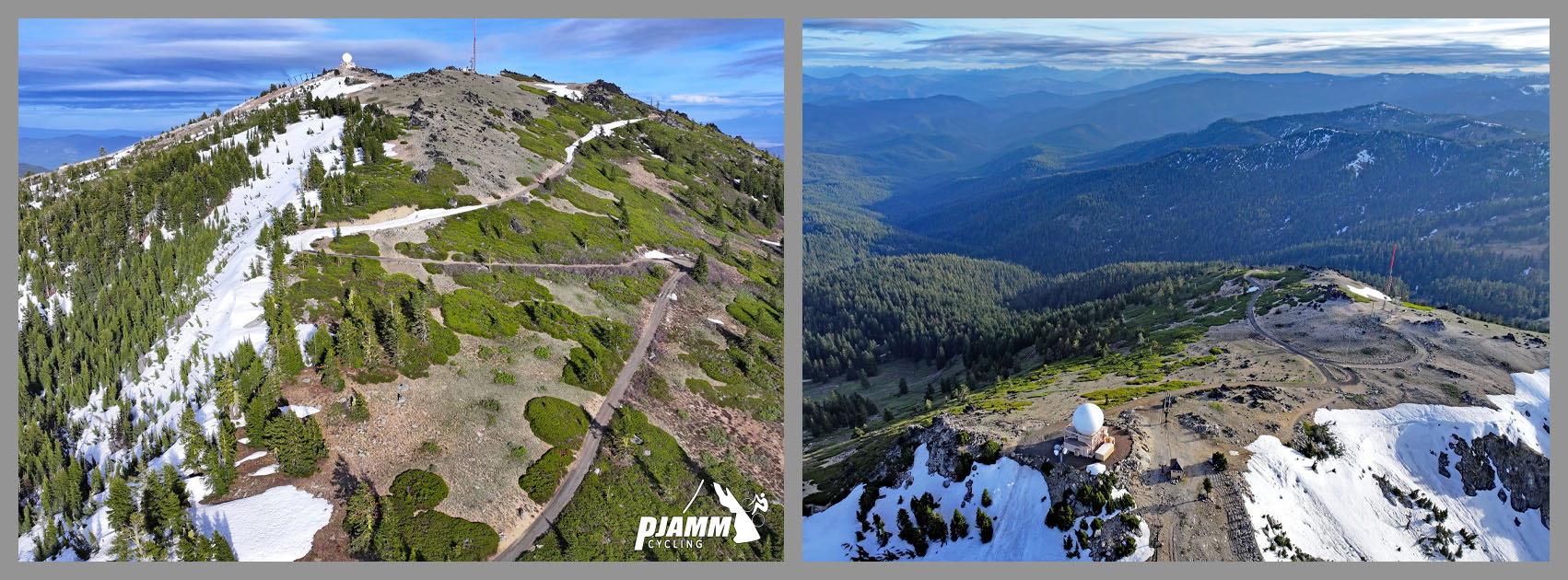 Cycling Mt. Ashland, Oregon via Loop Road: aerial drone views of white National Weather Service weather dome sitting atop Mt. Ashland from climb's summit, green pine forestation and white snow patches on mountaintop