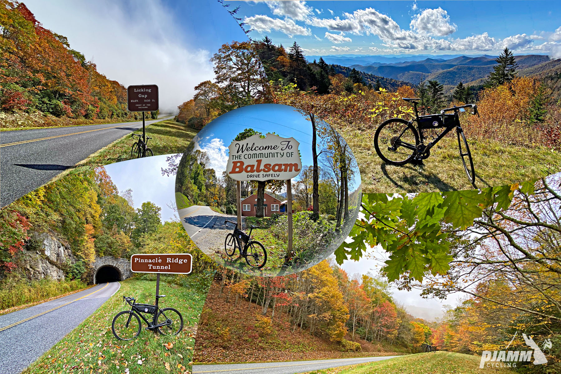 Cycling Richland Balsam, Blue Ridge Parkway - photo collage, PJAMM Cycling logo in corner, bike parked at sign for Pinnacle Ridge Tunnel, in front of stone tunnel, bike parked in front of sign reading "Welcome to the Community of Balsam," bike parked on scenic hillside overlooking mountains and bright fall foliage, PJAMM Cycling logo in corner