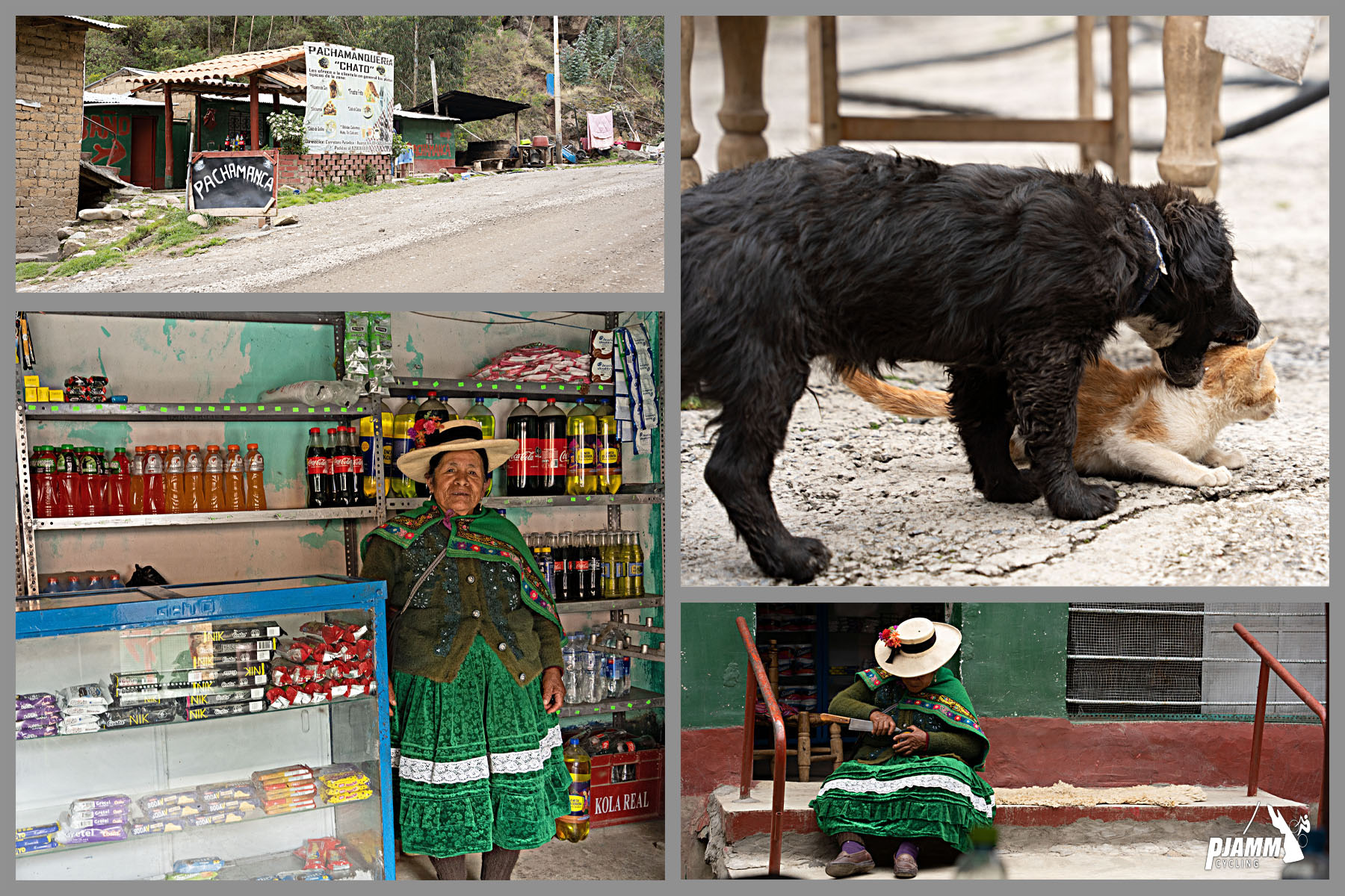 Cycling Conococha, Peru - a woman stands next to the counter of her roadside shop, wearing bright green dress and a green Peruvian wool sweater