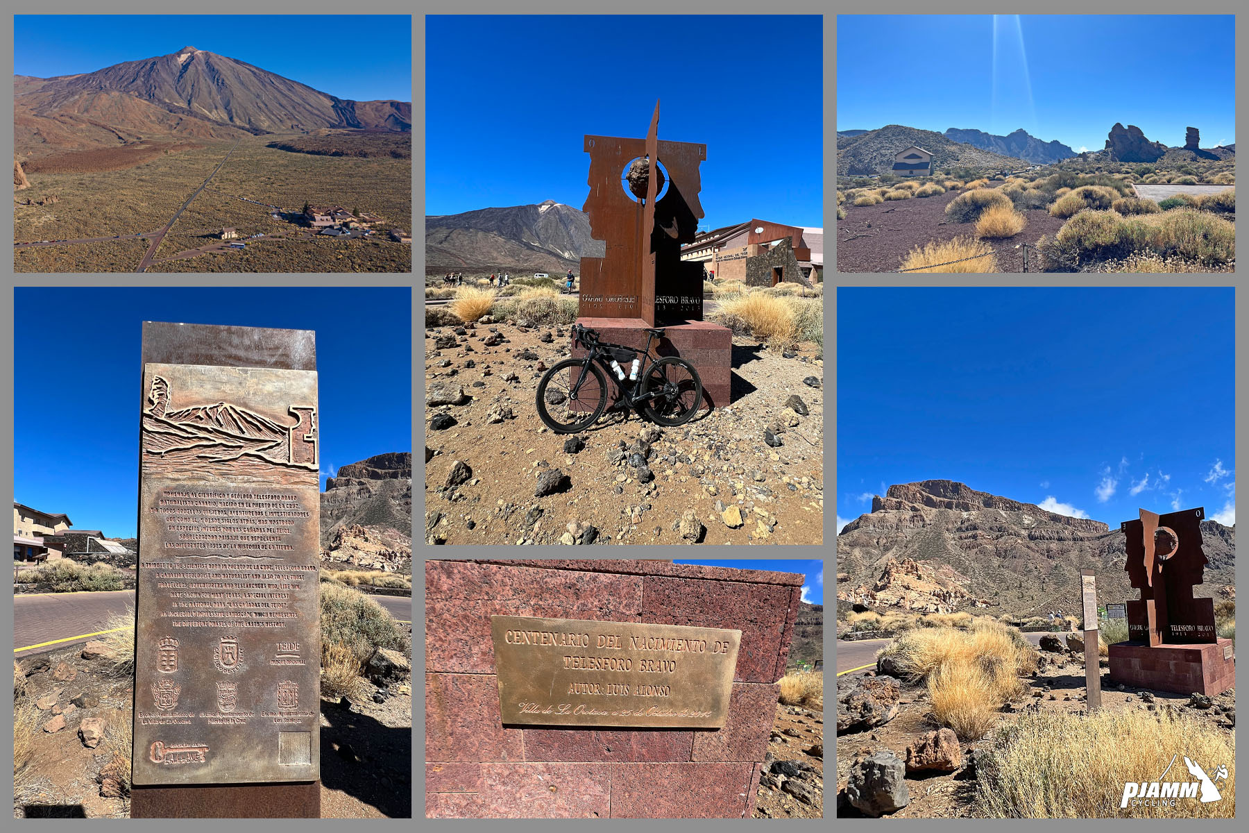 Cycling Mount Teide El Medano, Spain photo collage shows monument outside of visitor's center