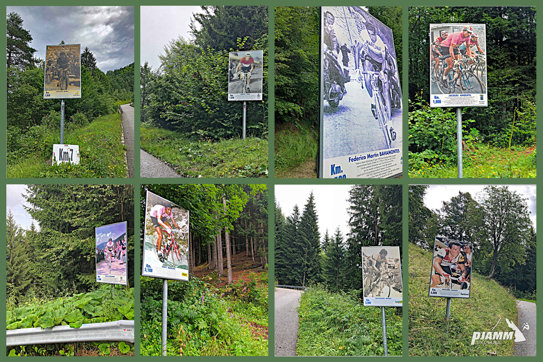 Cycling Monte Zoncolan from Sutrio - more KM markers along the climb picturing famous cyclists