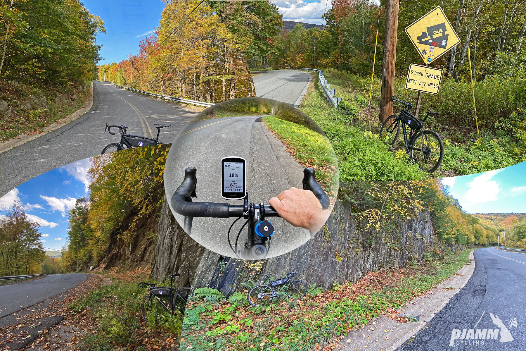 Cycling Whitcomb Hill Road, Massachusetts - photo collage, Garmin Device reads 18%, two-lane road, rock wall barrier on hillside of road, fall foliage, PJAMM Cycling logo in corner