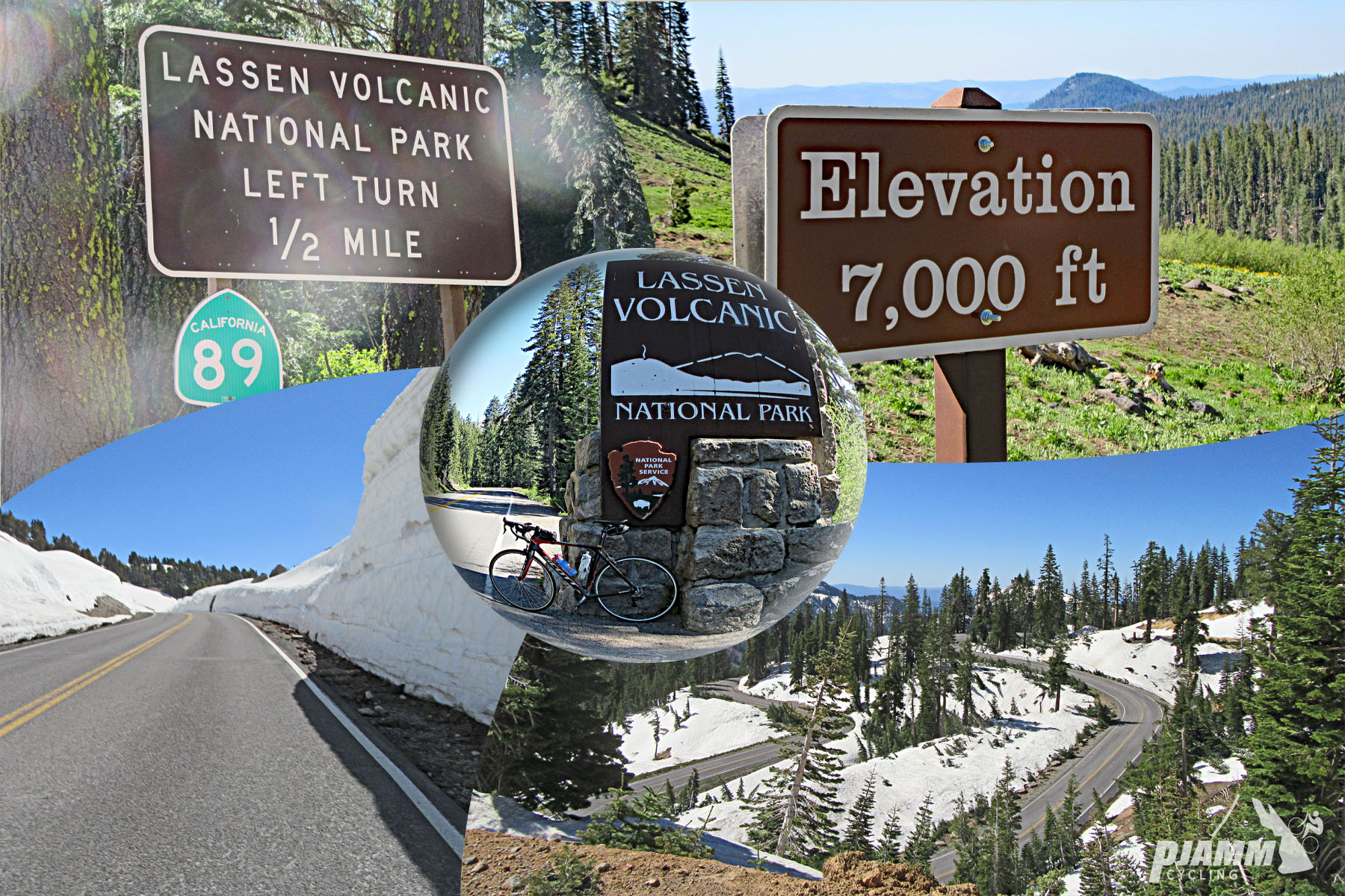 Cycling Mt. Lassen South - photo collage, PJAMM Cycling logo in corner, road sign for Lassen Volcanic National Park, Highway 89, Elevation 7,000, bike parked in front of NPS sign for Lassen Volcanic National Park, view of stretch of two-lane road boarded by tall walls of snow, aerial view of road surrounded by snow 