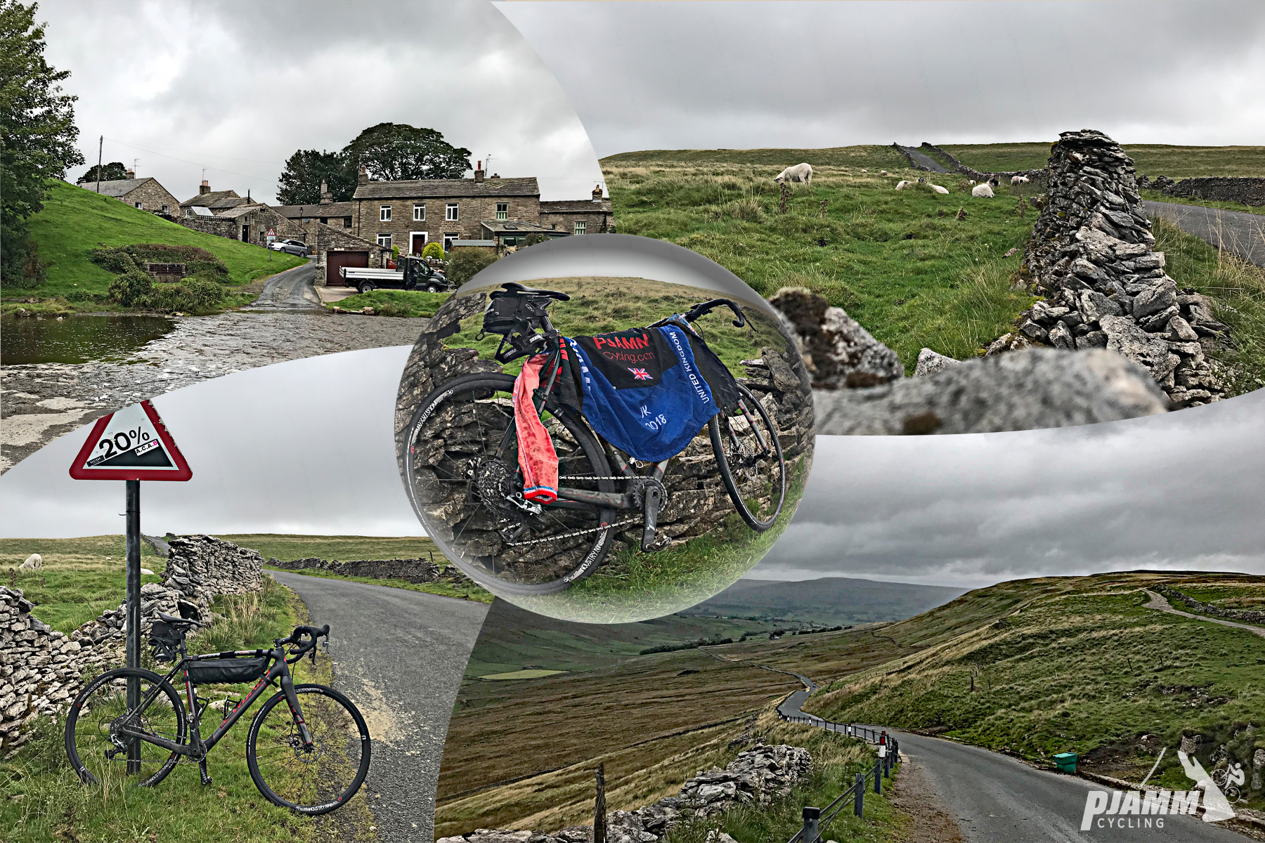 England's Most Epic Bike Climbs photo collage shows views of Fleet Moss bike climb on overcast day - bike parked in front of street sign for 20% grade, stone walled pasturelands, old stone farm buildings