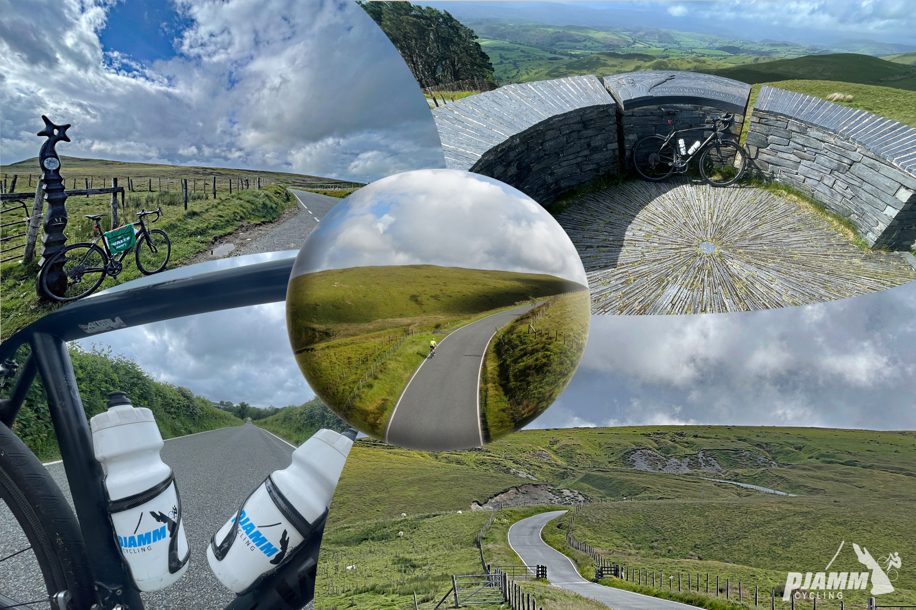 photo collage, PJAMM cyclist rides one-lane country roadway surrounded by green hillsides