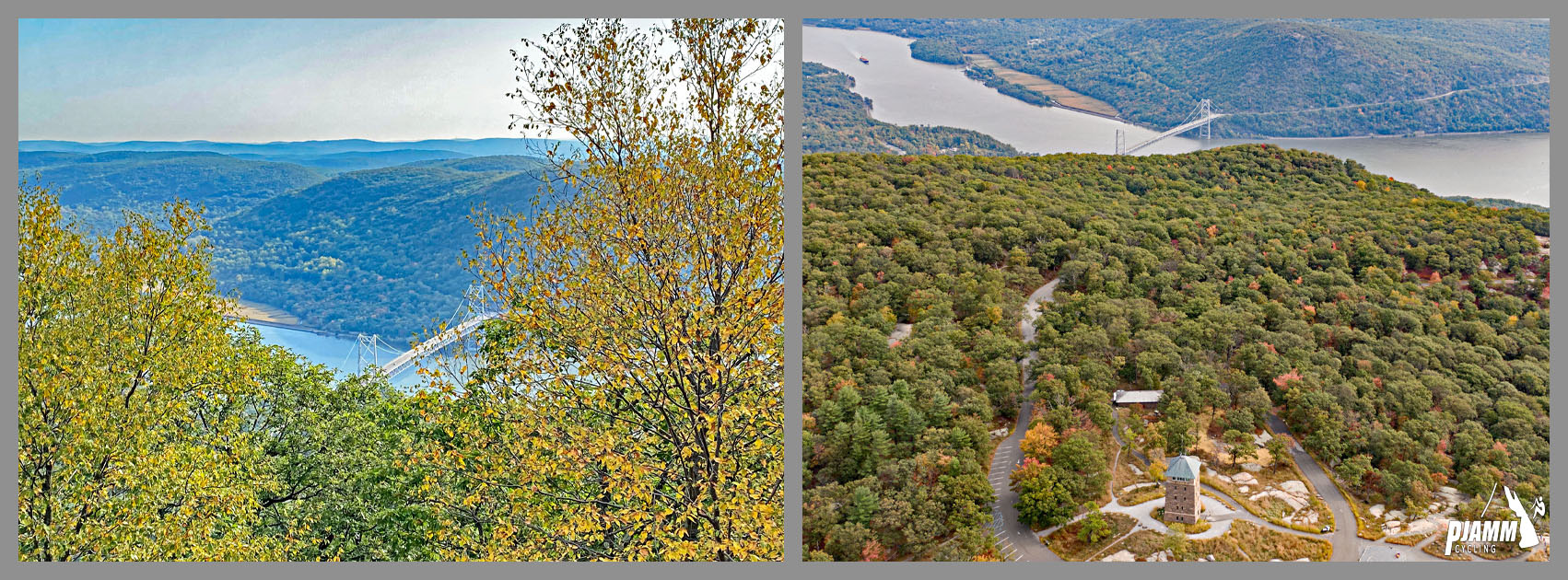 Cycling Bear Mountain, New York - photo collage, View Northeast from mile 4; Drone image of Perkins Memorial Tower and Hudson River; PJAMM cycling logo in corner
