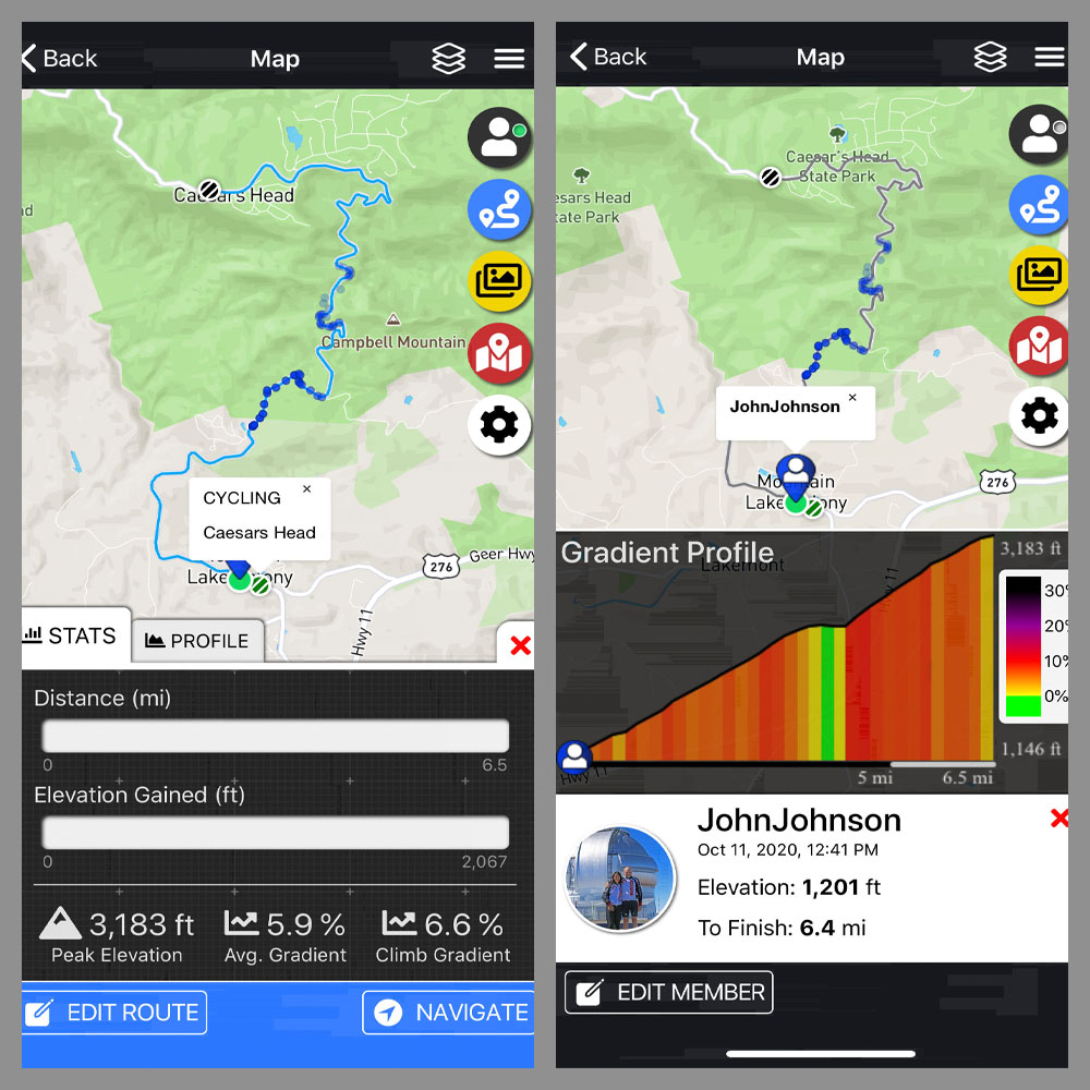 Cycling Caesars Head, South Carolina - climb grade and profile from PJAMM Adventure app
