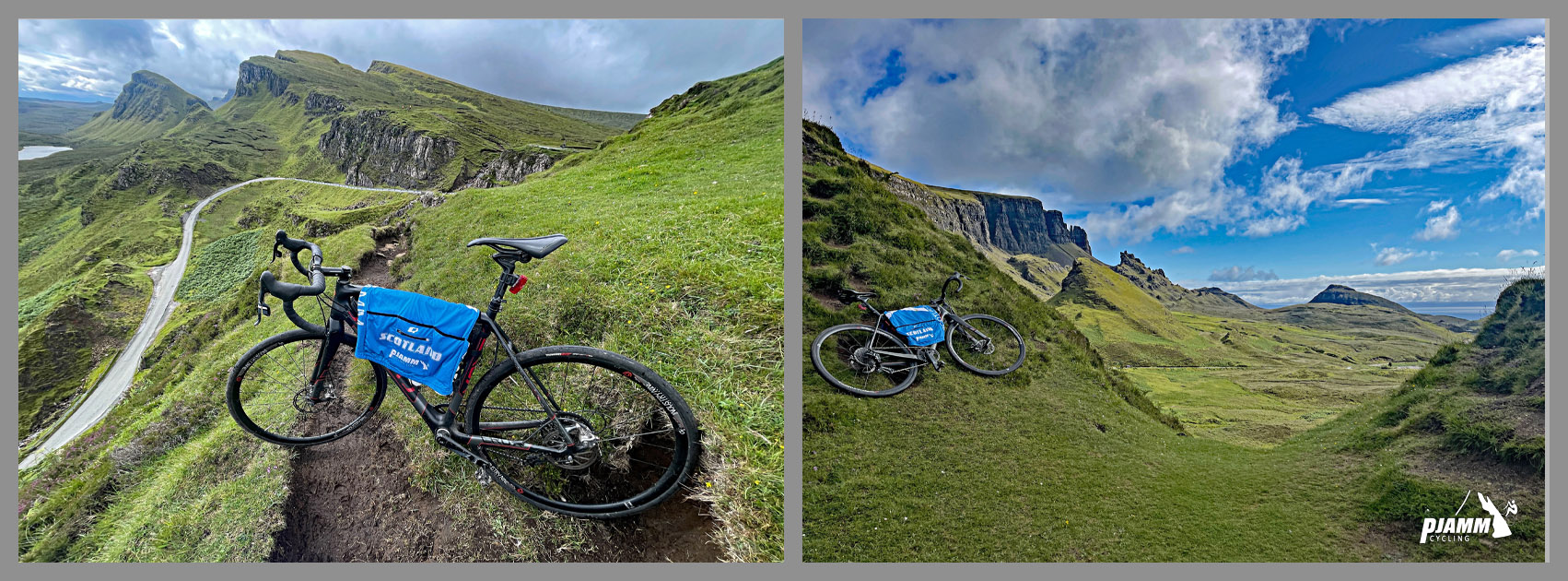 Cycling Quiraing, Isle of Skye bike parked in green hills looking down at jaw dropping views, road below