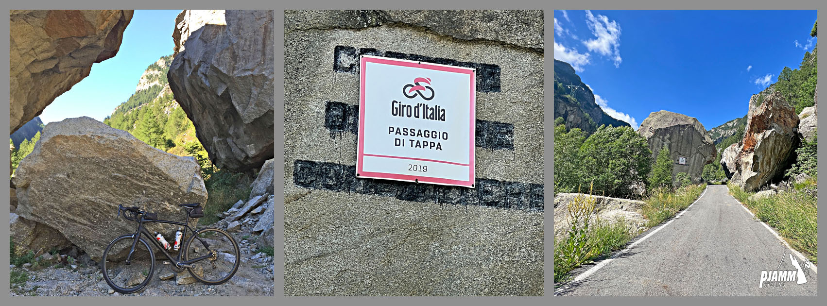 Cycling Colle de Nivolet, Italy - photo collage shows huge bolder in roadway with bike leaning against it, then the same view with the boulder removed, sign for Giro d'Italia