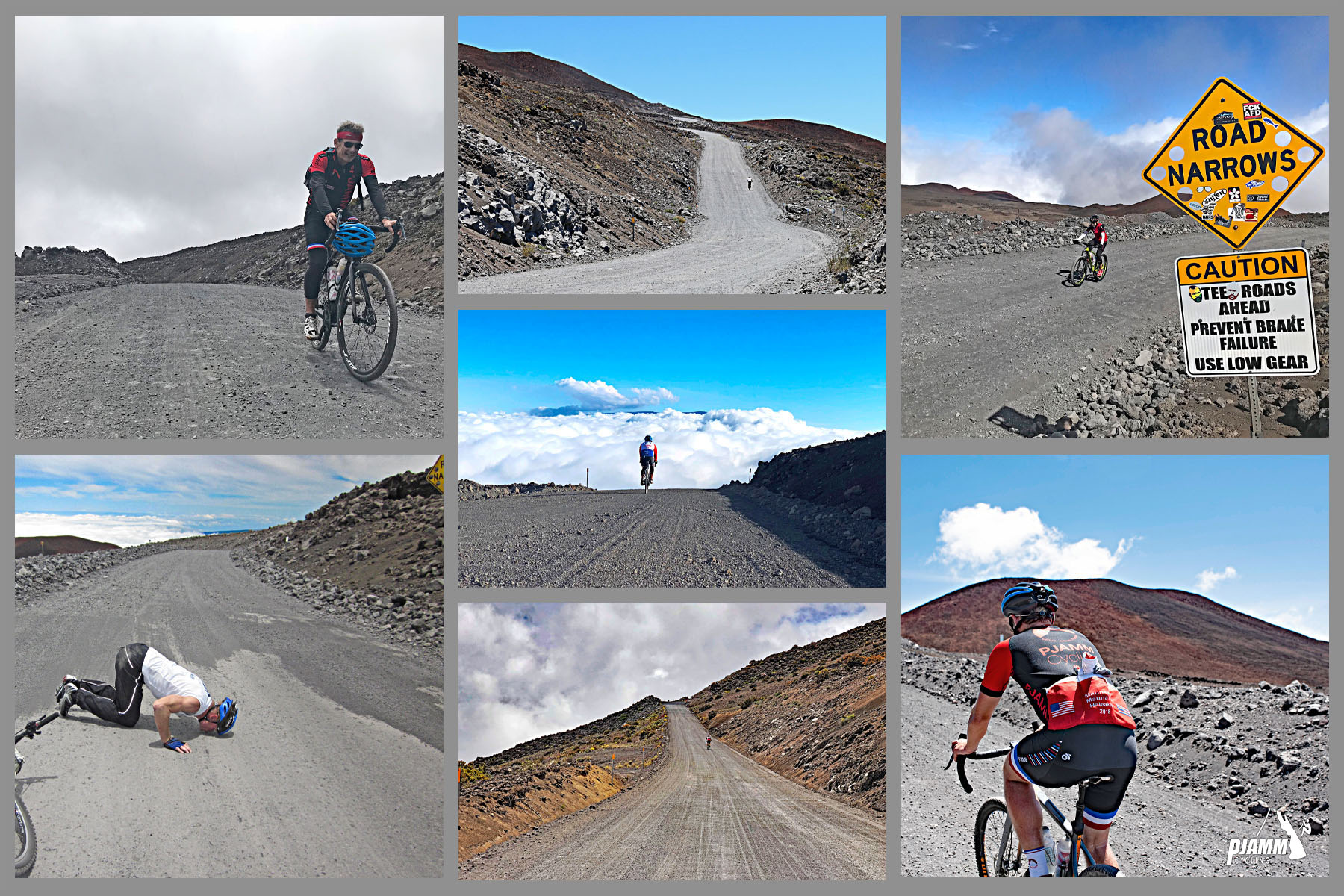 Mauna Kea, Big Island, Hawaii - photo collage, PJAMM Cyclists ride on gravel section of roadway