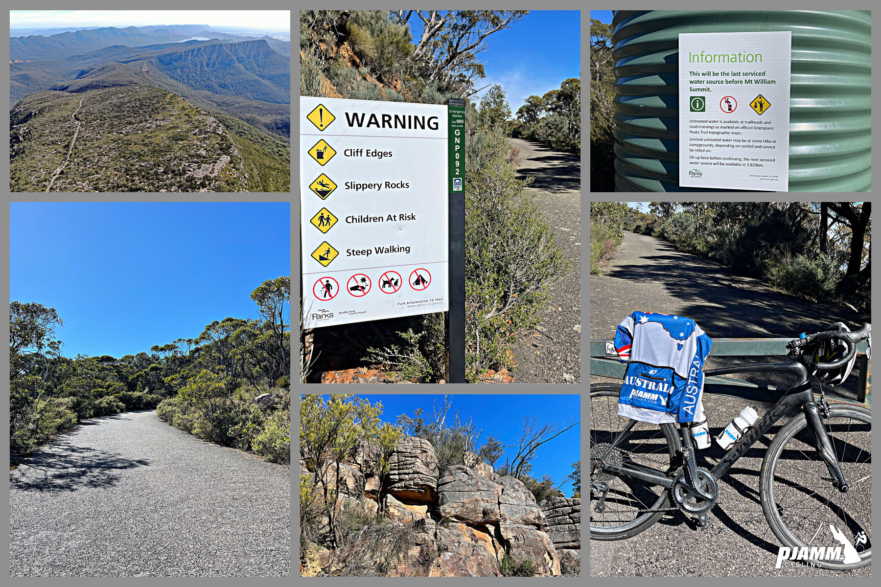 photo collage shows warning informational sign, road heading up mountain, large rock walls, water tower