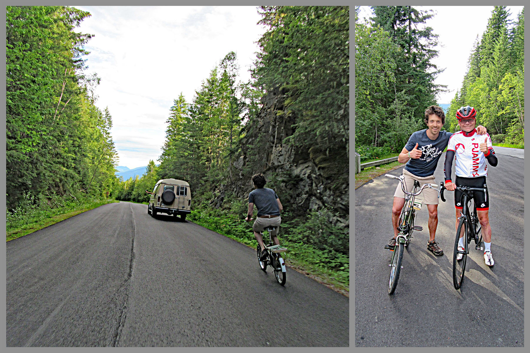 Cycling Mt. Revelstoke, BC, Canada - view of cyclist following passenger van along roadway, John Johnson on bike embracing second cyclist on bike in road