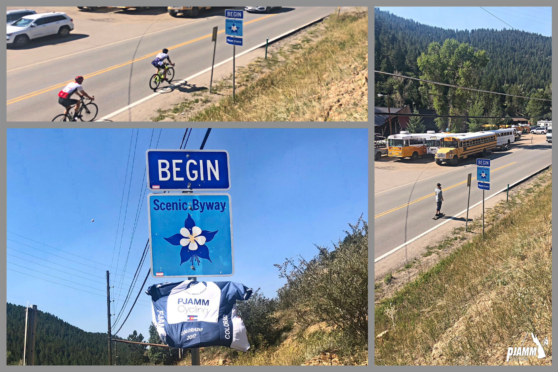 Cycling Mt. Evans, Colorado - photo collage, PJAMM Cycling logo in corner, aerial view of two cyclists riding along road shoulder for Scenic Byway, blue road sign for Scenic Byway with blue PJAMM Cycling jersey hanging below it