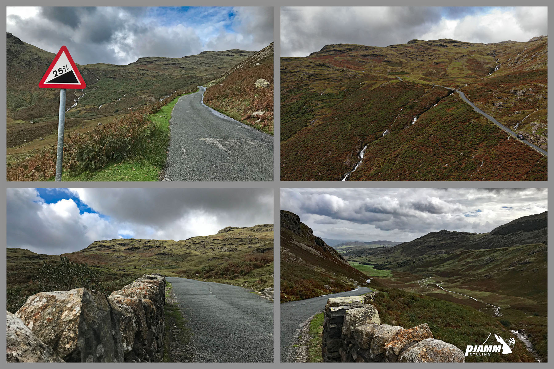 photo collage shows hillsides in fall colors during September, road sign for 25% grade