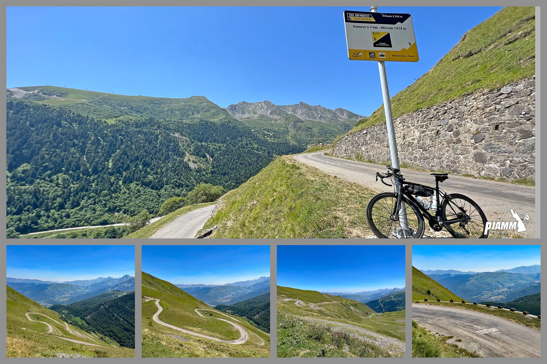 Cycling Col de Portet photo collage shows views on final 8 kilometers of climb; switchbacks; Tour de France sign
