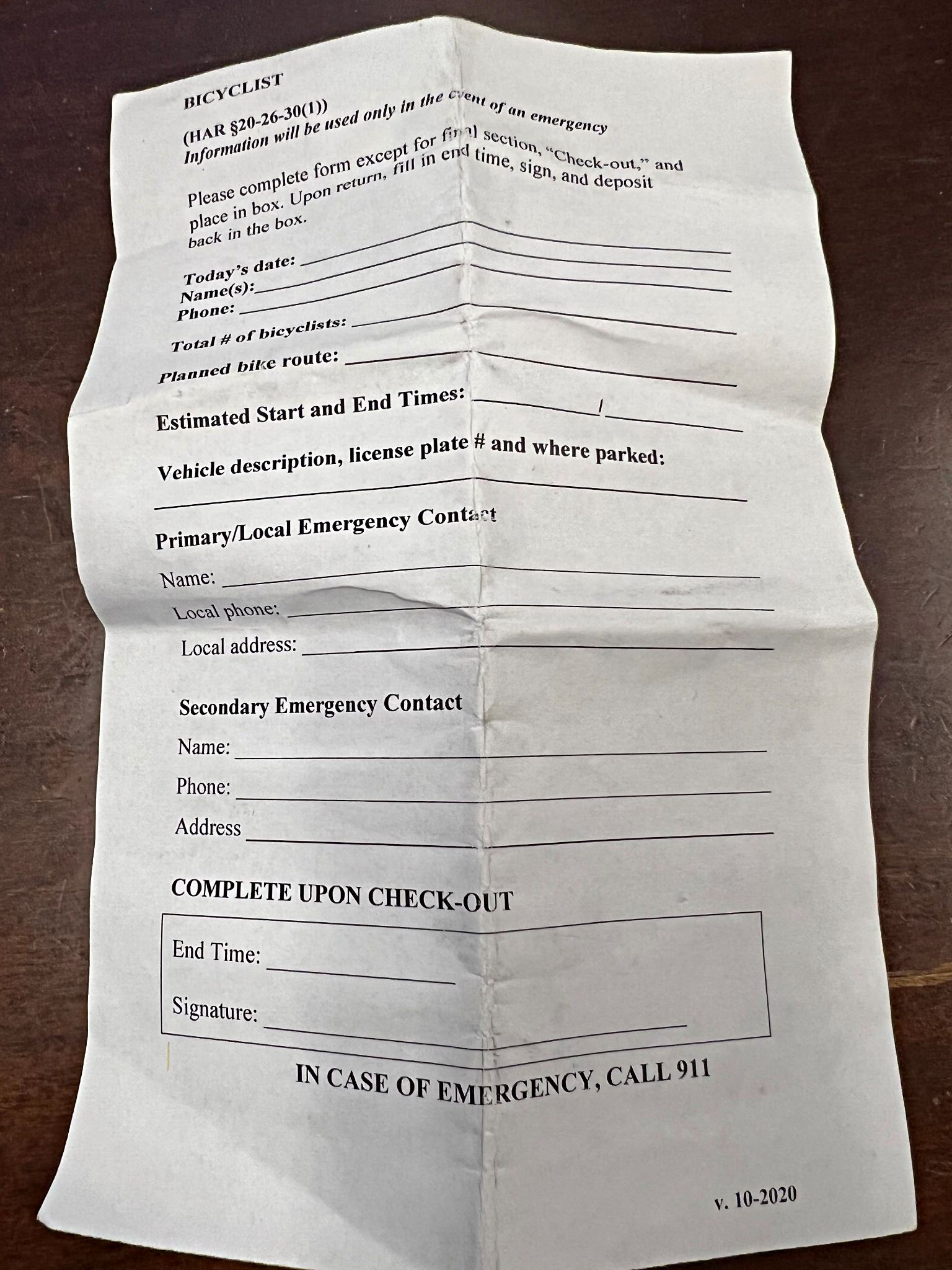 bicyclist information sheet to give to ranger