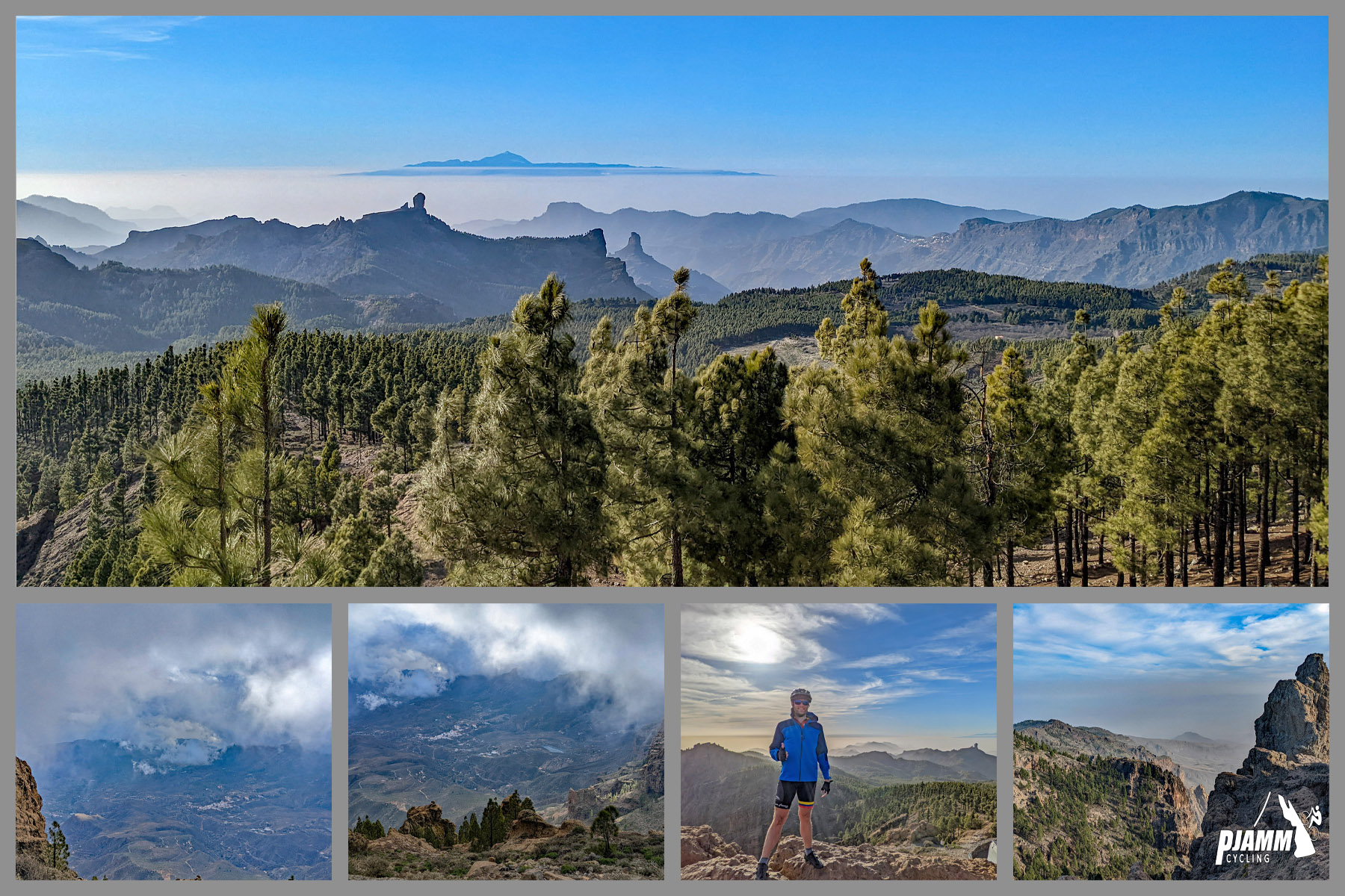 photo collage shows alpine and mountain views at the climb's finish, beautiful rock formations