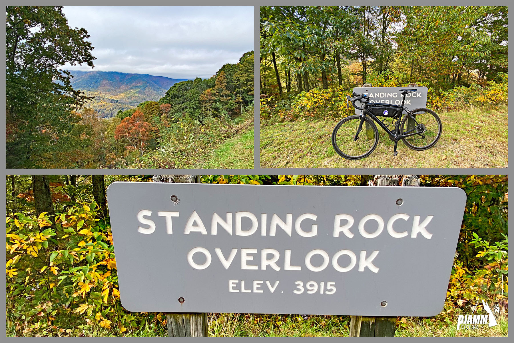 Cycling Richland Balsam, Blue Ridge Parkway - Standing Rock Overlook, panoramic views of scenic fall foliage, bike parked against overlook sign