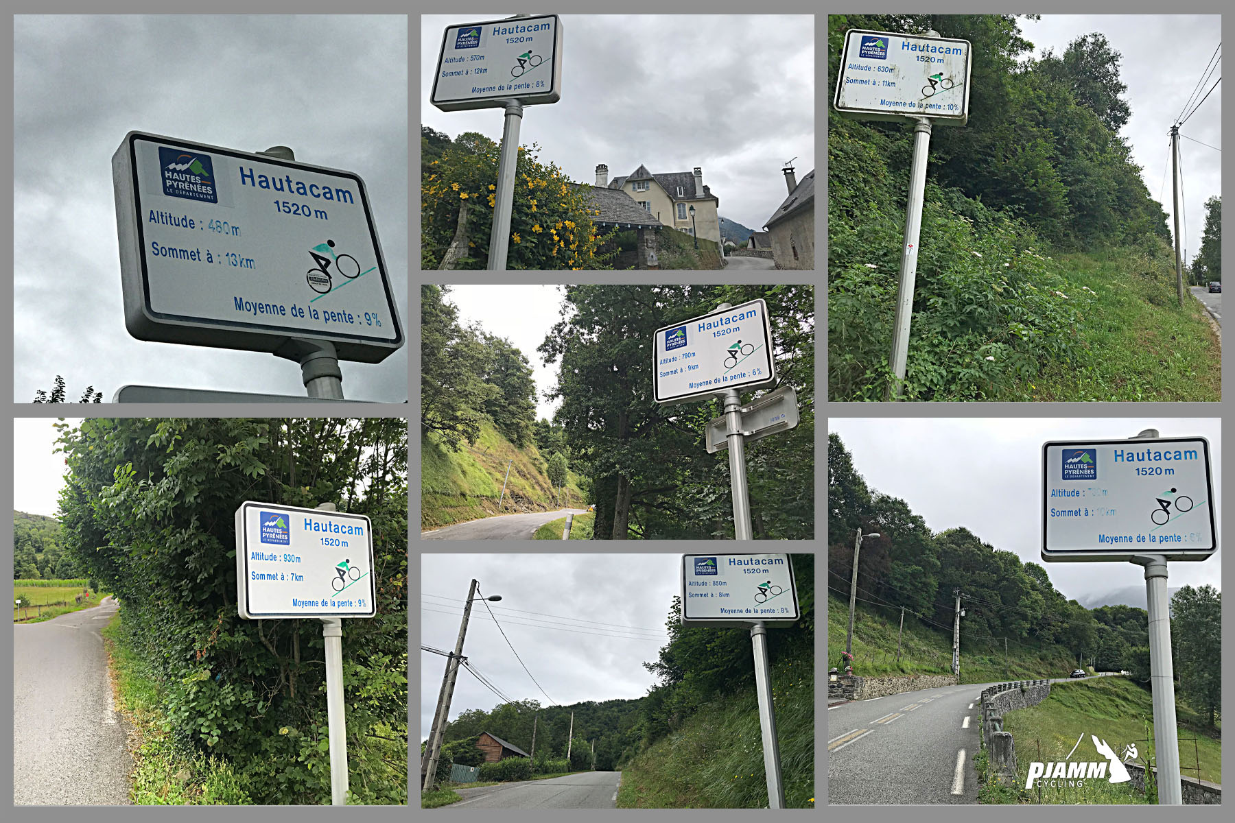 Cycling Hautacam photo collage shows six road markers, each marking kilometers along the climb
