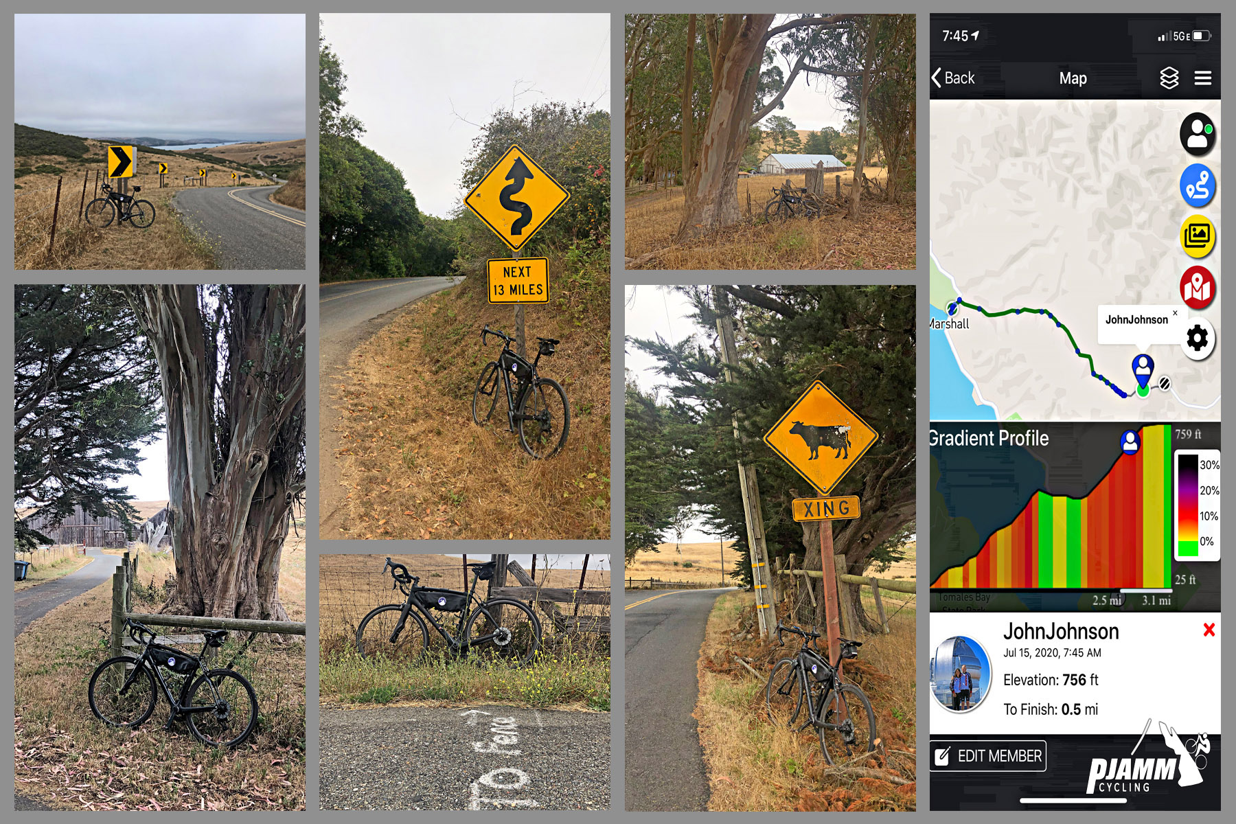 Cycling Marshall Wall West, Marin County, California - photo collage, PJAMM Cycling logo in corner, climb gradient and map, bike parked at various locations including base of eucalyptus tree, road sign for curved roadway next 13 miles, cow crossing