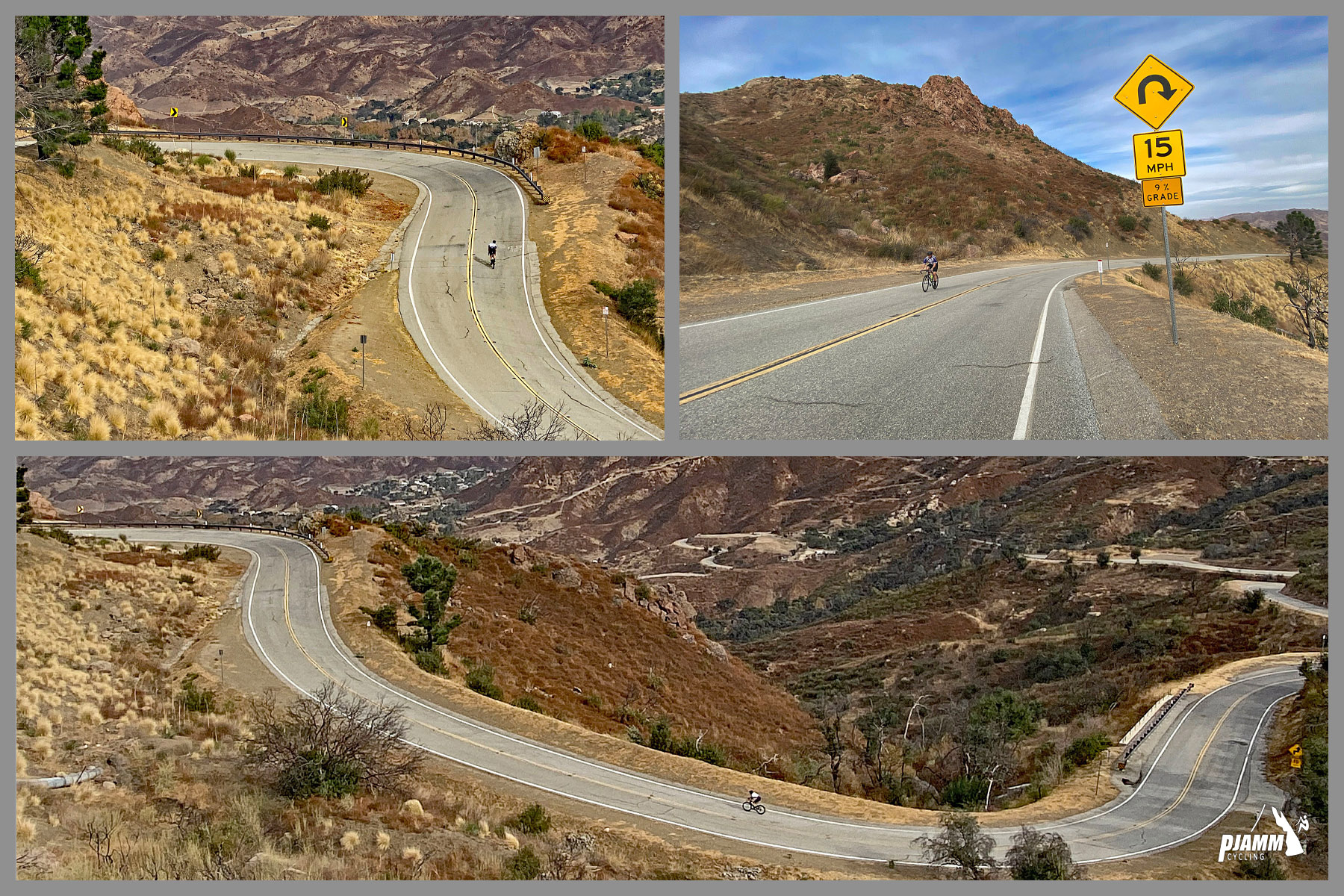 Cycling Mulholland Highway from the Rock Store - cyclist rides on long stretches of curving, snaking roadway along Mulholland Highway