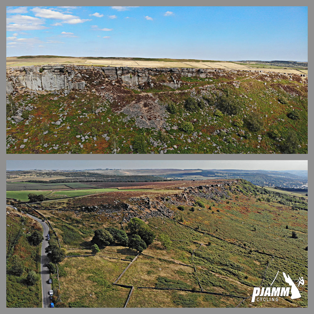 Cycling Curbar Edge, England - views from above of Curbar Edge, blue sky, cars traveling along road, PJAMM Cycling logo in corner