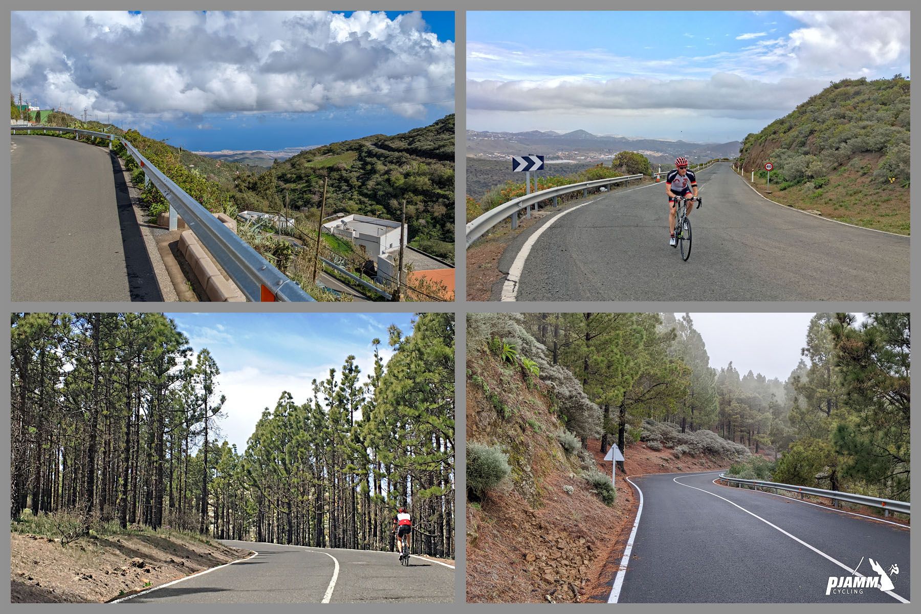photo collage shows PJAMM Cyclist riding on two-lane highway roadway in alpine setting