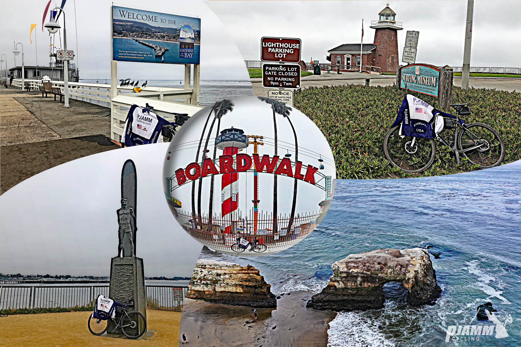 Cycling Santa Cruz County - photo collage, Surfer Museum, lighthouse, Natural Bridges, Surfer Memorial, Santa Cruz Beach Boardwalk
