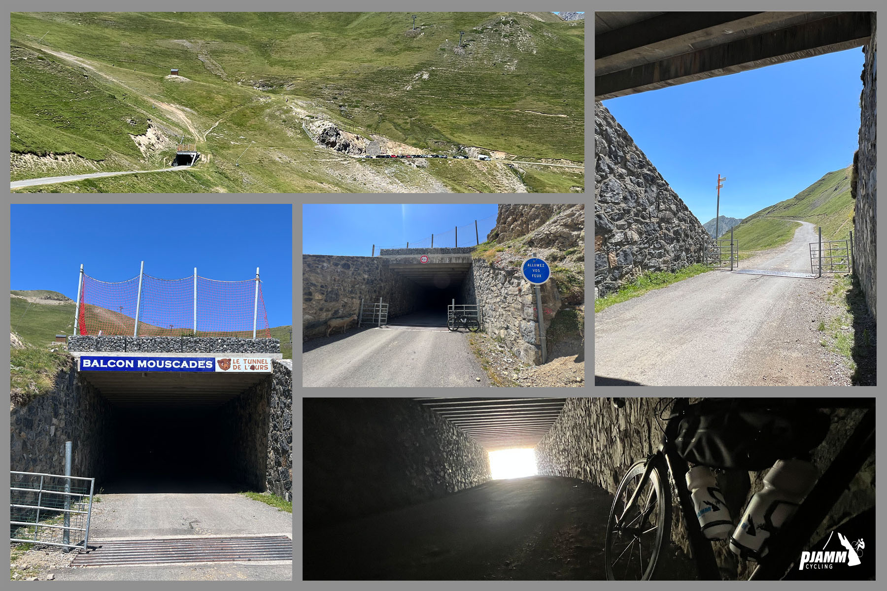 Cycling Col de Portet photo collage shows 50 meter tunnel near climb's finish