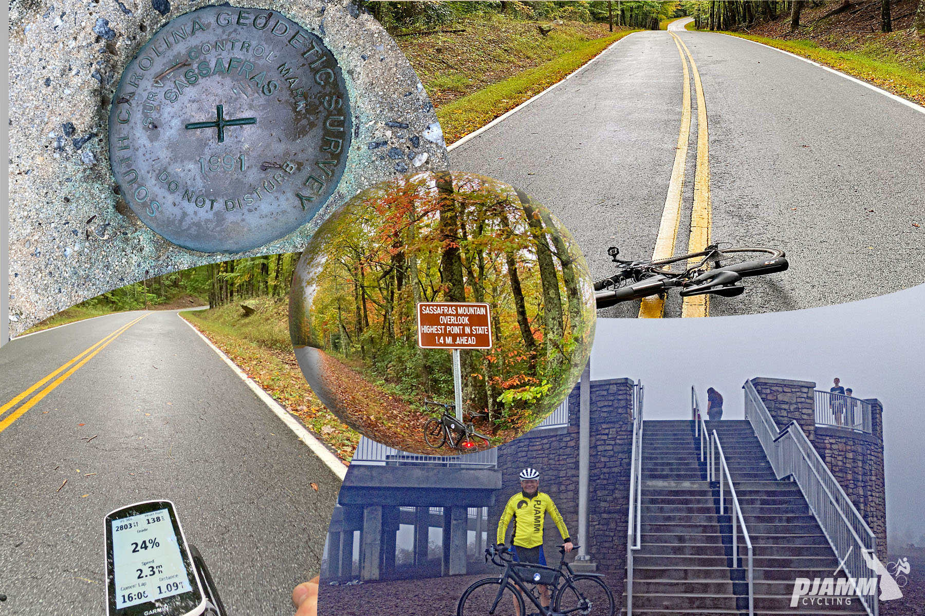 Cycling Sassafras Mountain, South Carolina - photo collage,  Garmin Device reads 24%, sign reads "Sassafras Mountain Overlook, Highest point in the State", PJAMM Cyclist standing at staircase at climb's summit, PJAMM Cycling logo in corner