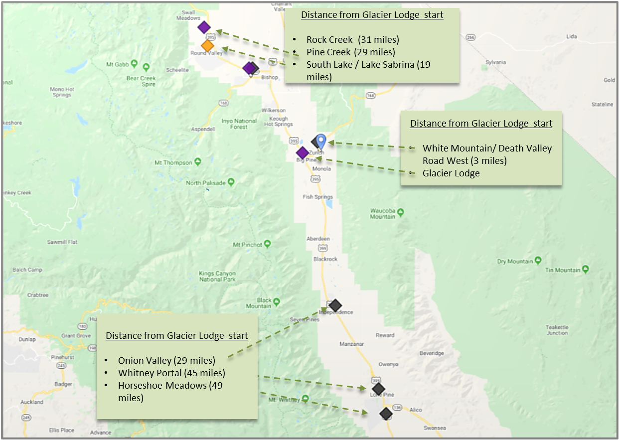 Map of Owens Valley Climb Area Map points out main climbs in the Owens Valley Climb area and the distance they are from Big Pine