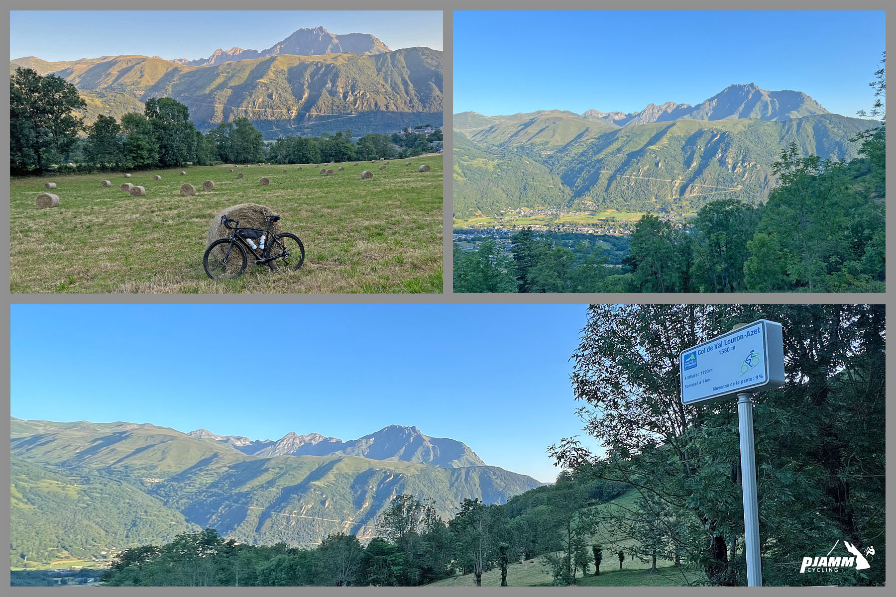 Cycling Col de Portet The pronounced and dramatic lower hairpin of Col de Portet as seen riding up Col d’Azet; bike parked against hay bale