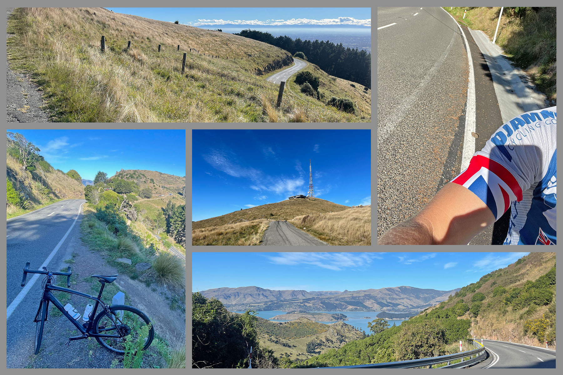 bike parked on roadside, grassy country hillsides, satellite antenna at climb's finish in distance