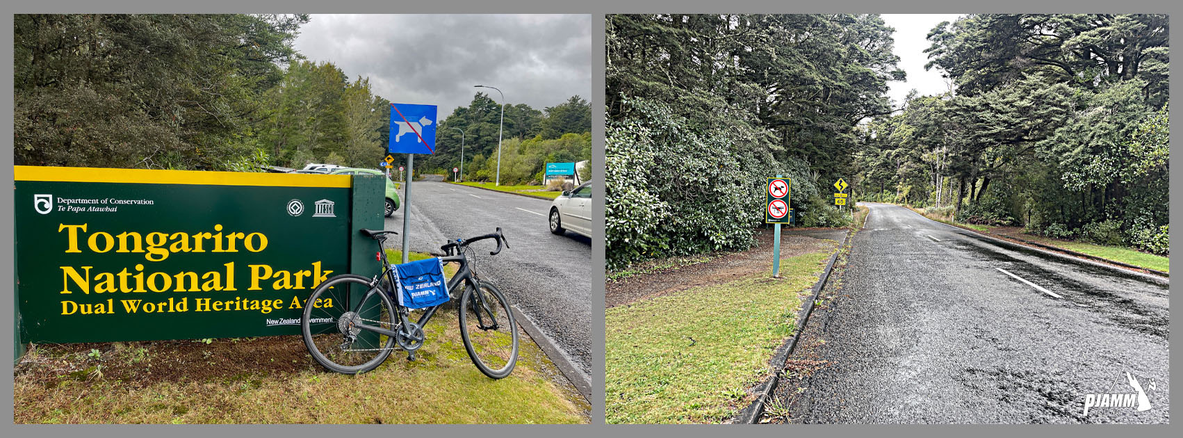 bike parked against green sign reading "Tongariro National Park, Dual World Heritage Area"