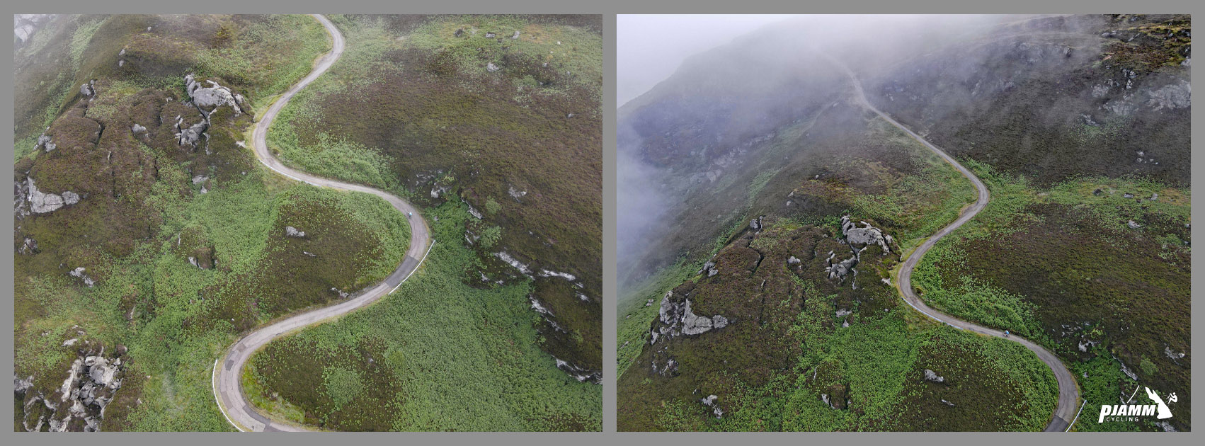 Cycling Mull of Kintyre, Scotland aerial drone view shows roadway snaking up green rocky pastureland