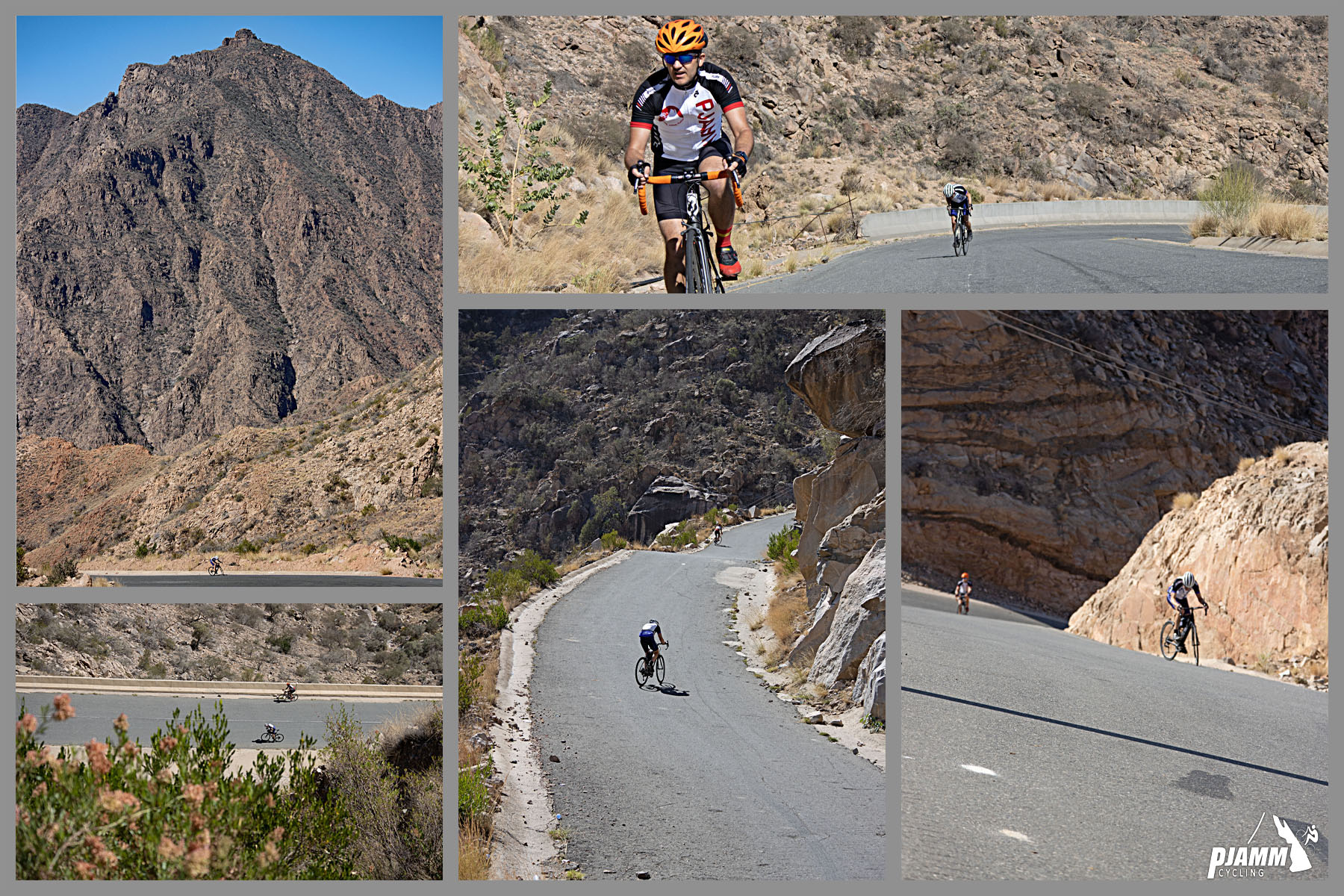 Cycling Rdom Pass, Asir Mountains - photo collage, PJAMM Cyclists ride along the steepest mile in the world, PJAMM logo in corner