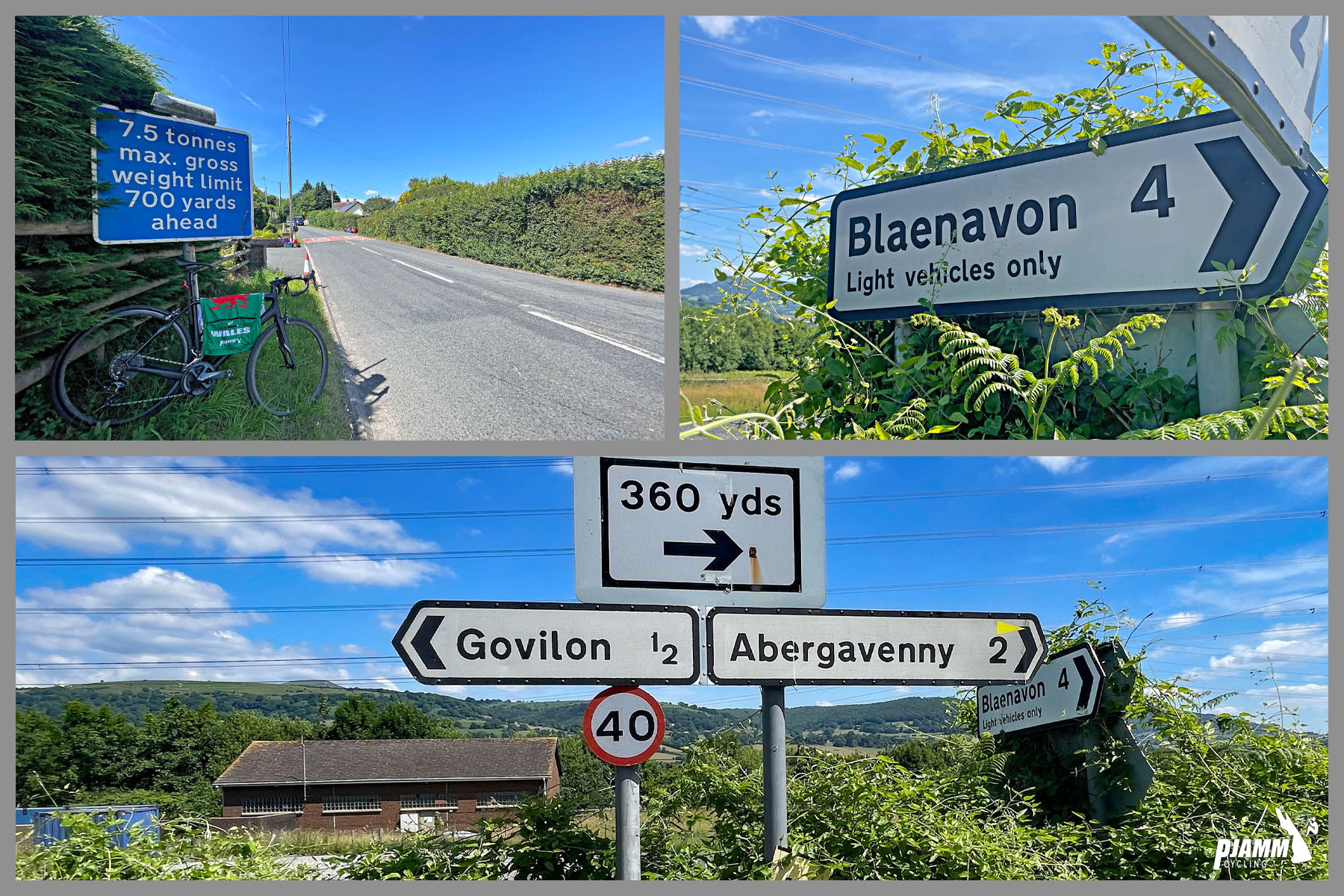 photo collage shows road signs along the way for Blaenavon, Govilon, and Abergavenny