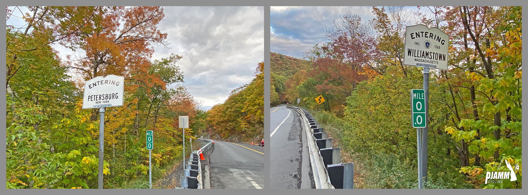 Cycling Petersburg Pass, Massachusetts - white signs read "Entering Petersburg" and "Entering Williamstown, fall foliage