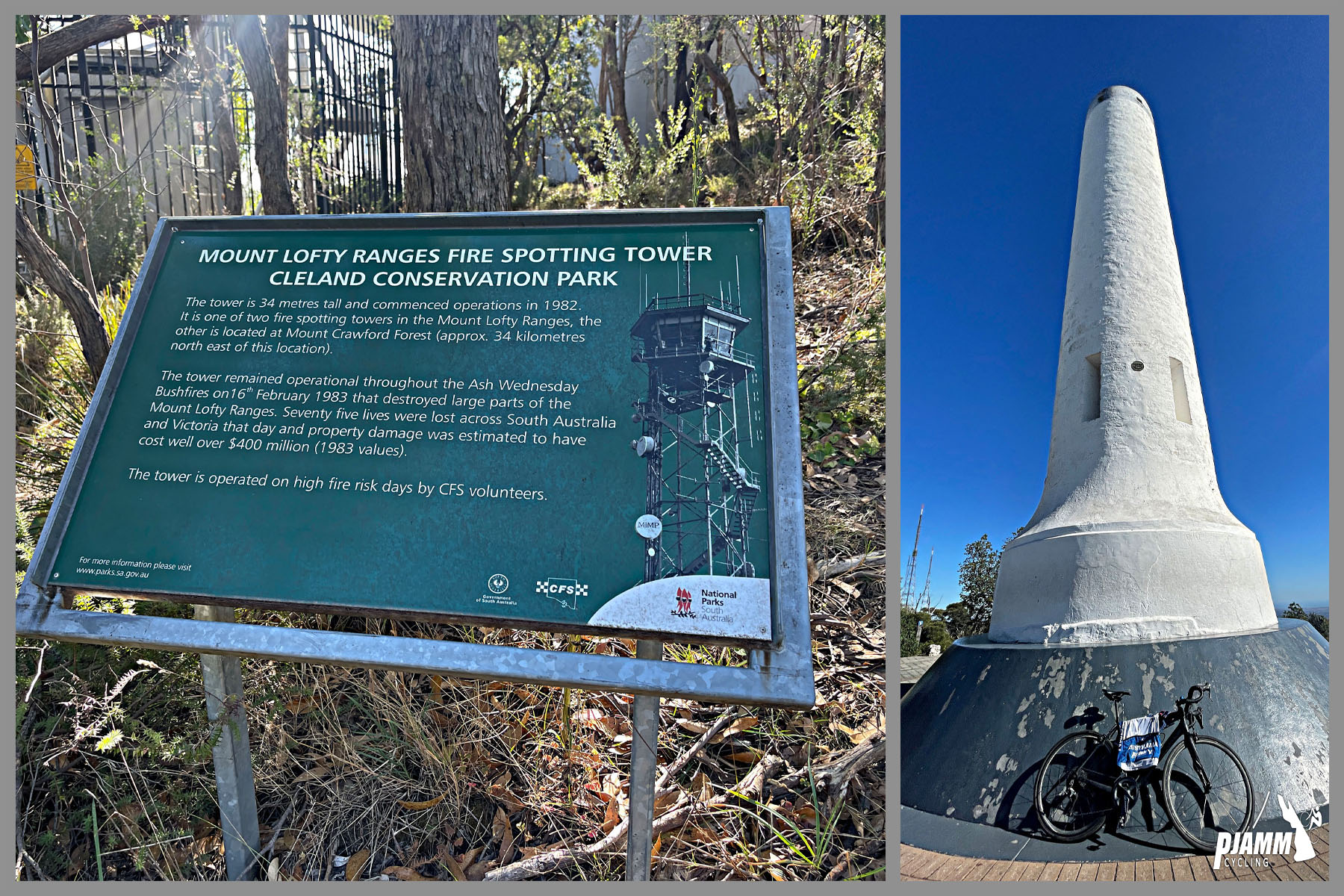 bike parked in front of white monument at Mt. Lofty Ranges Fire Spotting Tower