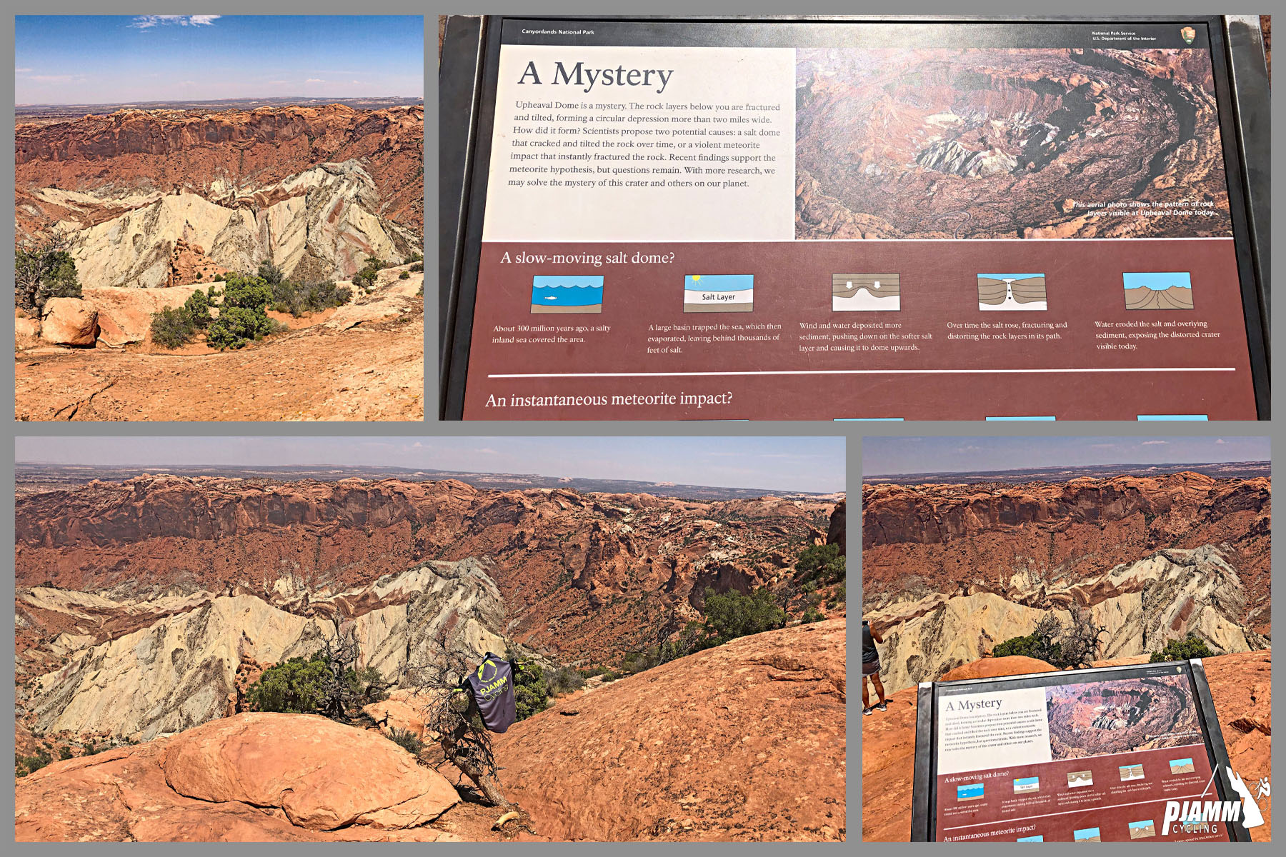 Cycling Canyonlands National Park Cycling Canyonlands National Park - photo collage, PJAMM Cycling logo in corner, panoramic red mountain and canyon views and informational signs