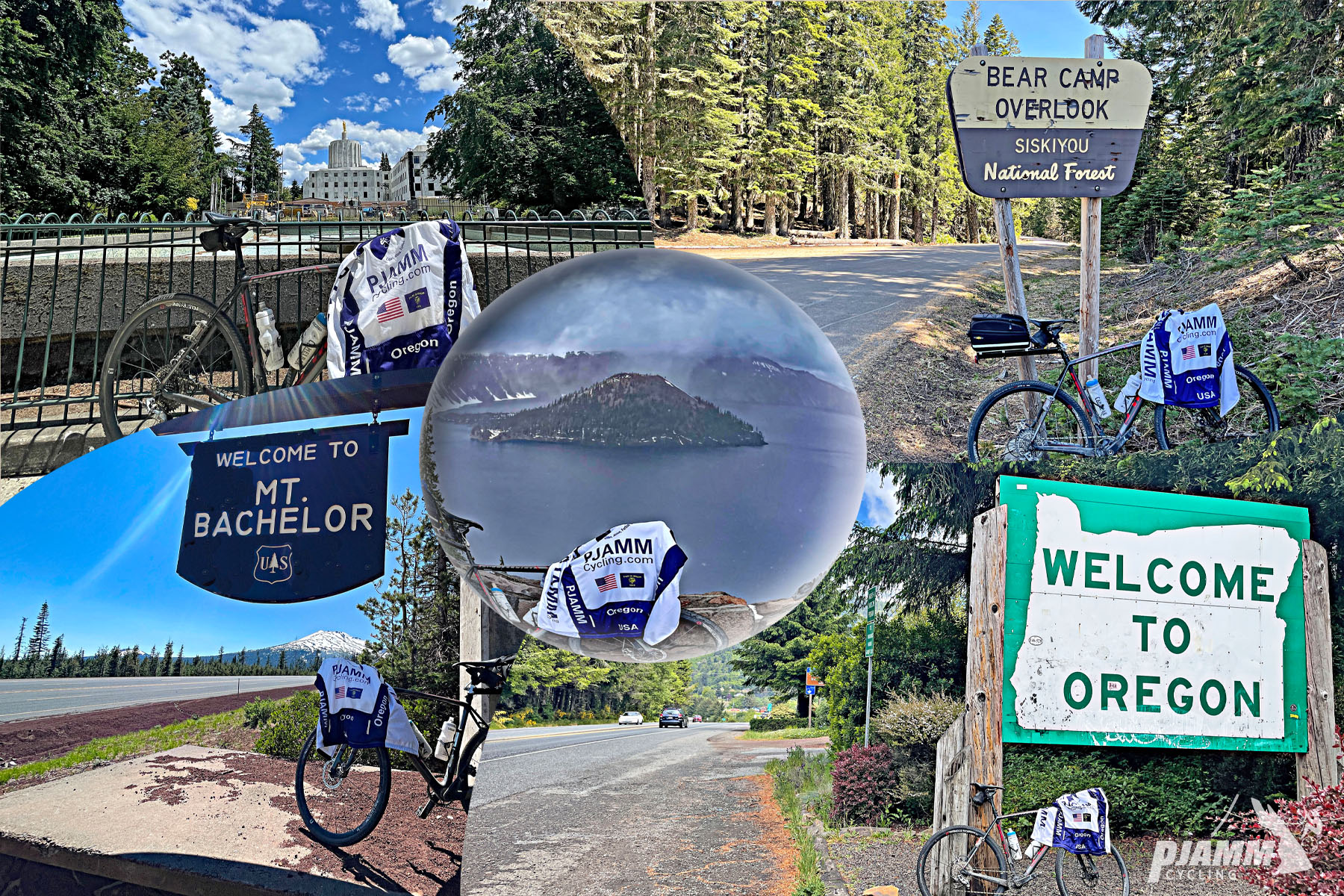 Photo collage - bike parked in front of Oregon State capitol building, Bear Camp, Mt. Bachelor, Crater Lake, sign at Oregon Border, PJAMM Cycling logo in corner